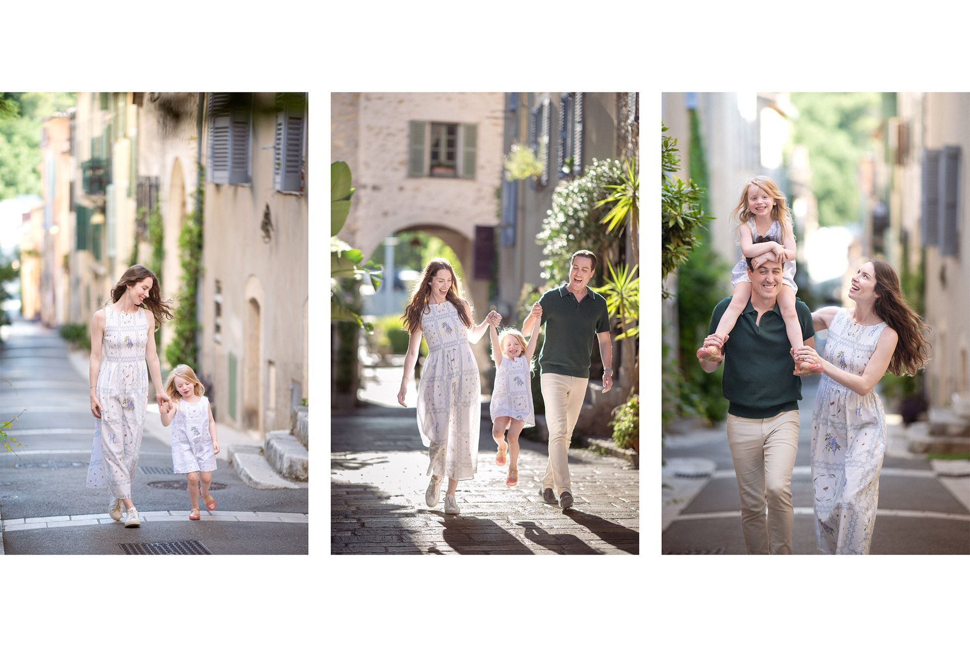 A family enjoying a photography session in the streets of Valbonne, South of France