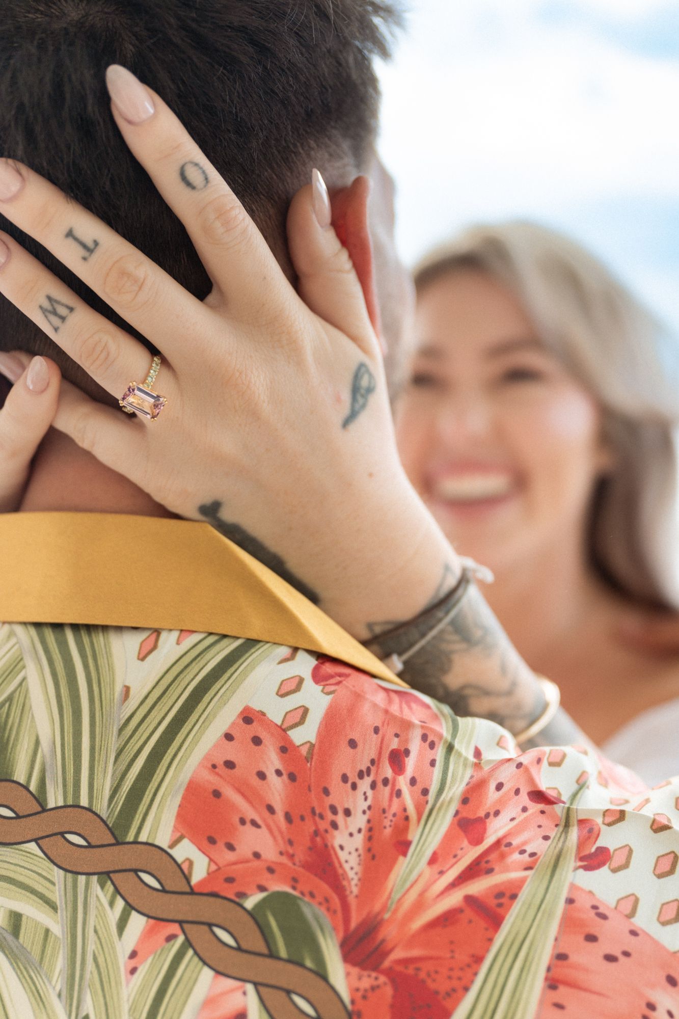 A close up of an engagement ring after a proposal at Chateau Eza