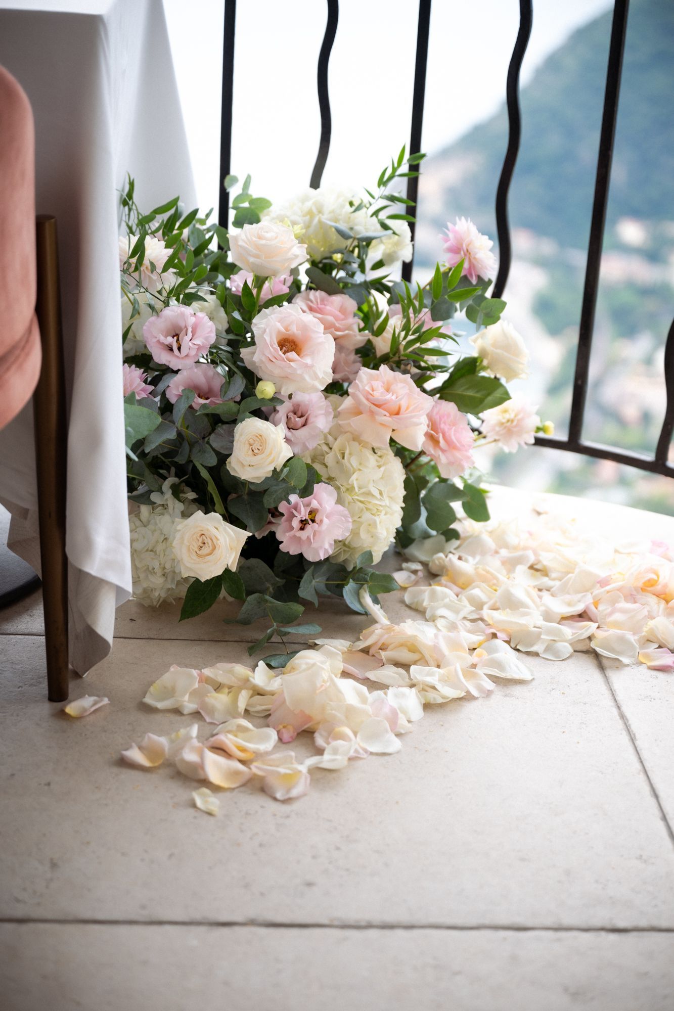 Floral decorations on the balcony of Chateau Eza before a proposal