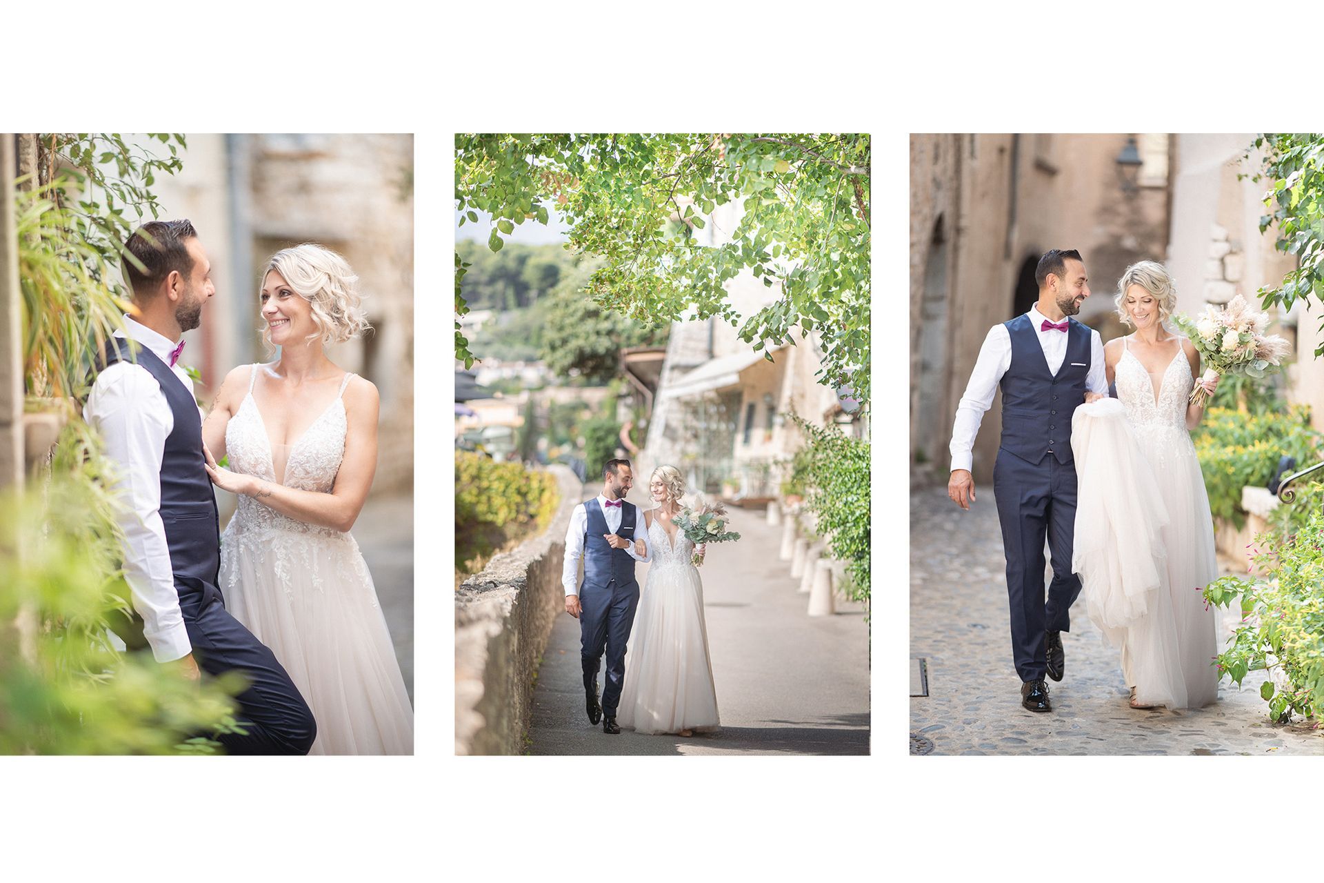 Photographie de mariage naturelle et authentique d'un couple souriant et riant à Nice, France.