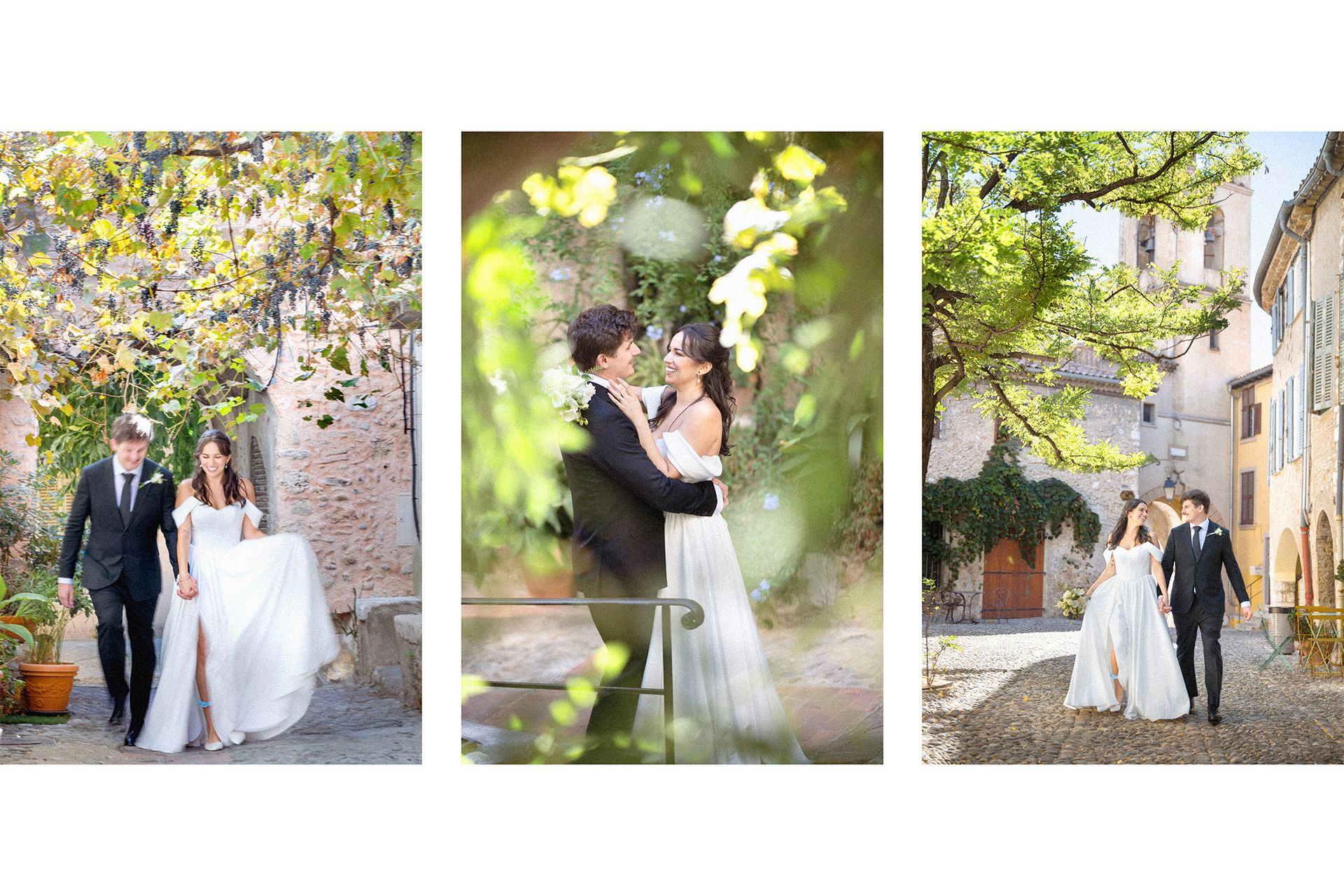 A couple laugh and smile during natural romantic, light images during a photoshoot on the French Riviera.