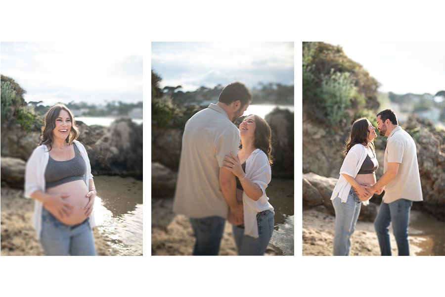 A pregnant lady laughing with her partner during maternity photography session on the French Riviera