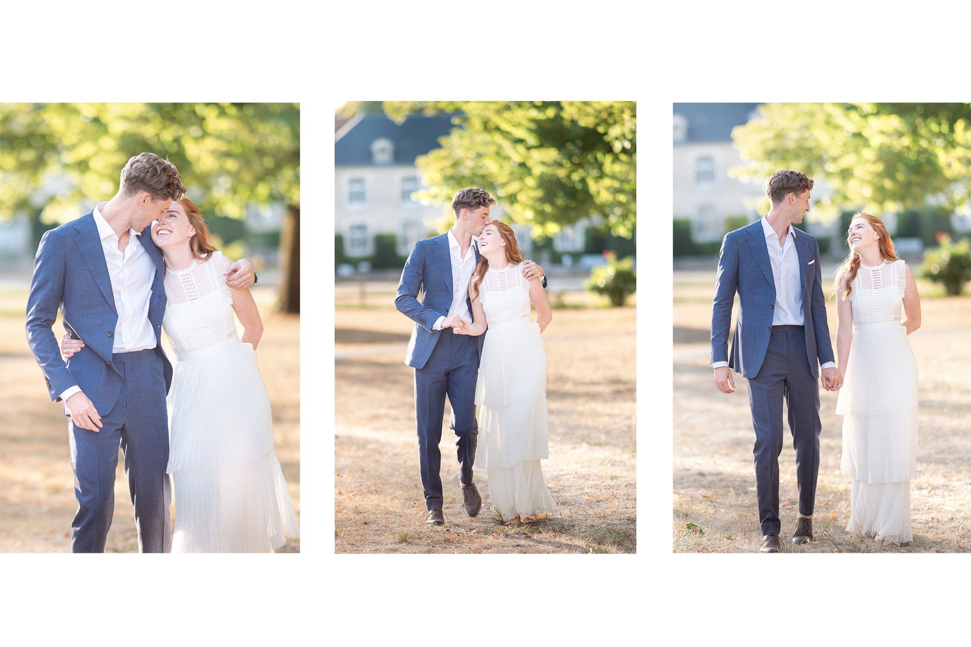 Photographie de mariage naturelle, détendue et sans pose d'un couple devant un château