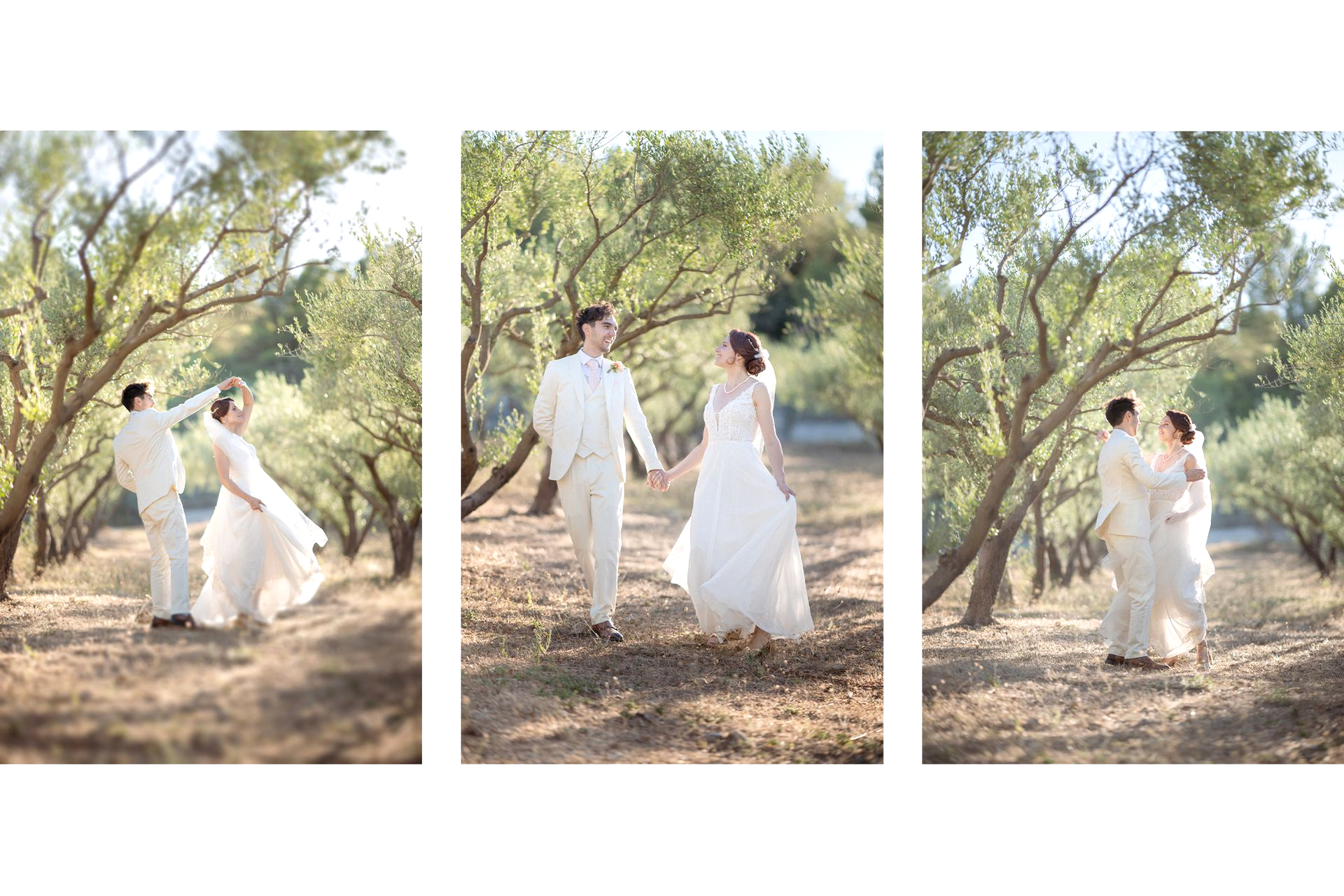 Une séance photo professionnelle le jour du mariage à l'heure dorée dans une oliveraie au Château Font du Broc.