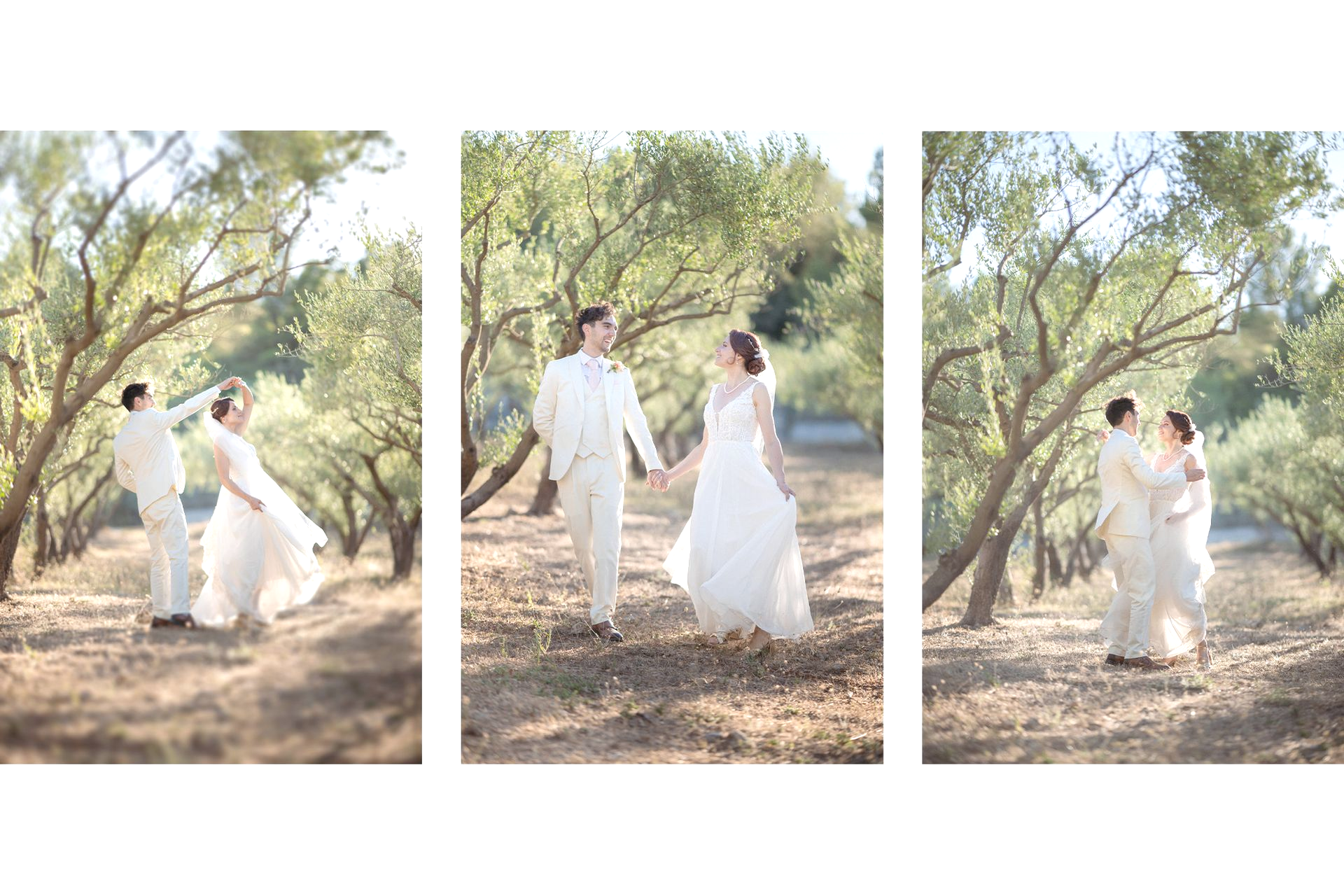 Les jeunes mariés dansent dans une oliveraie au Château Font de Broc le jour de leur mariage.

