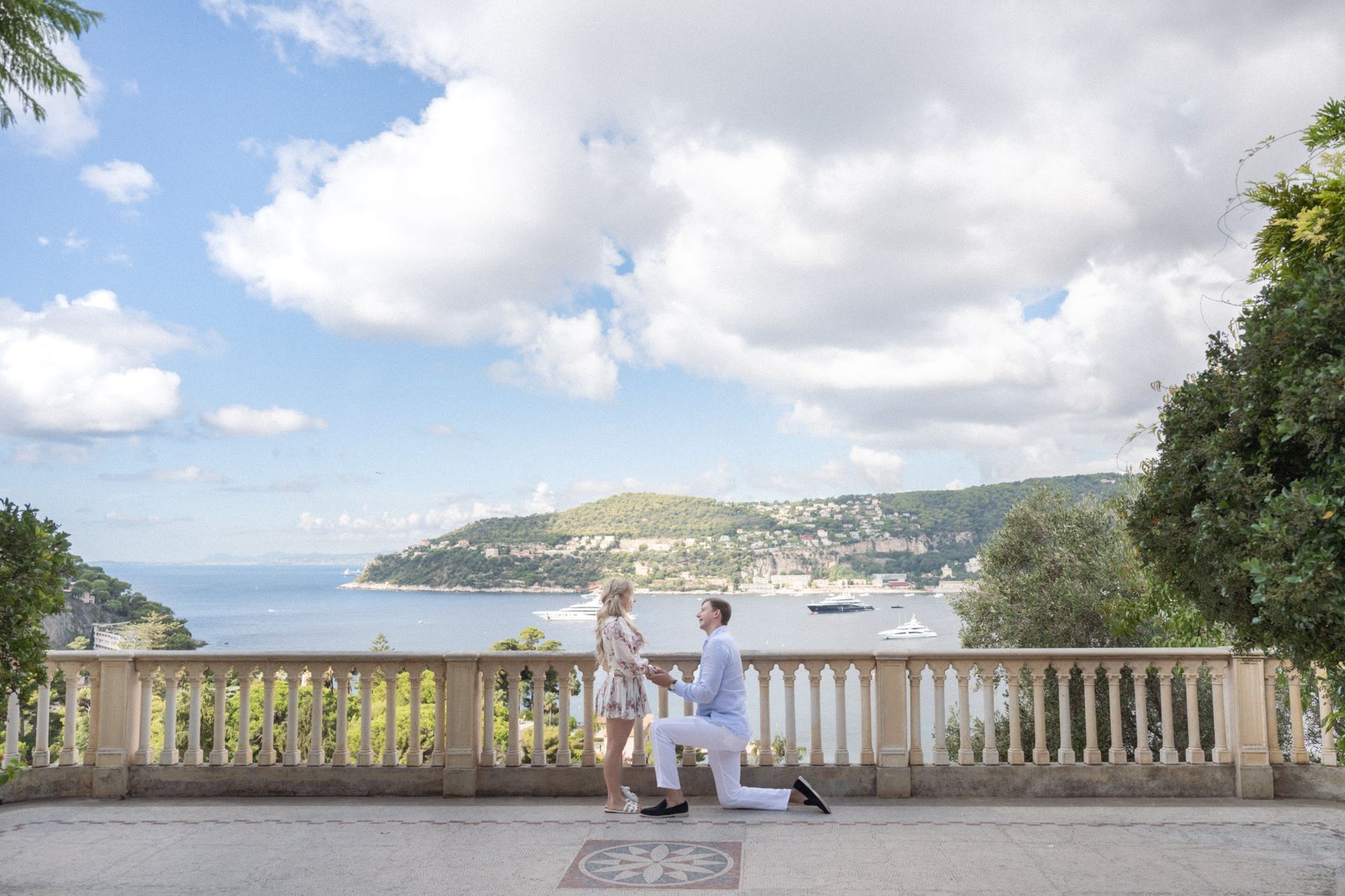 A man proposes on Villa Ephrussi de Rothschild's Florentine Terrace on the French Riviera.