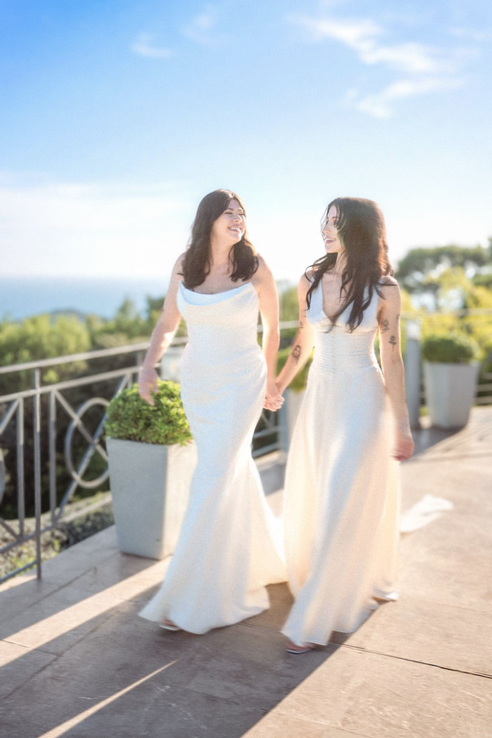 A portrait of a same sex couple at their gay wedding on the French Riviera.