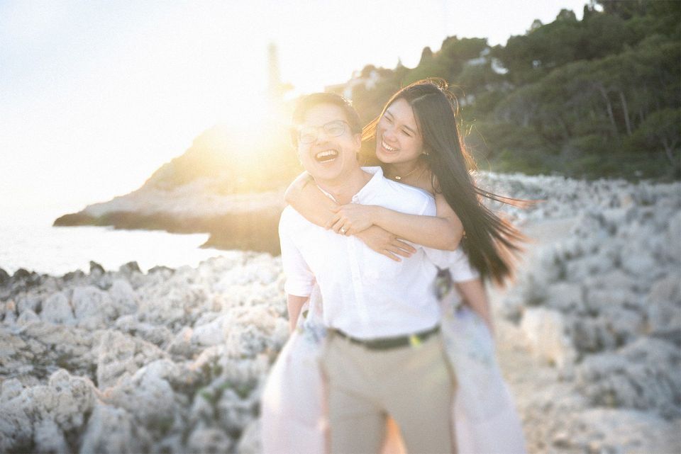Ideal French wedding golden hour couple portrait at sunset.