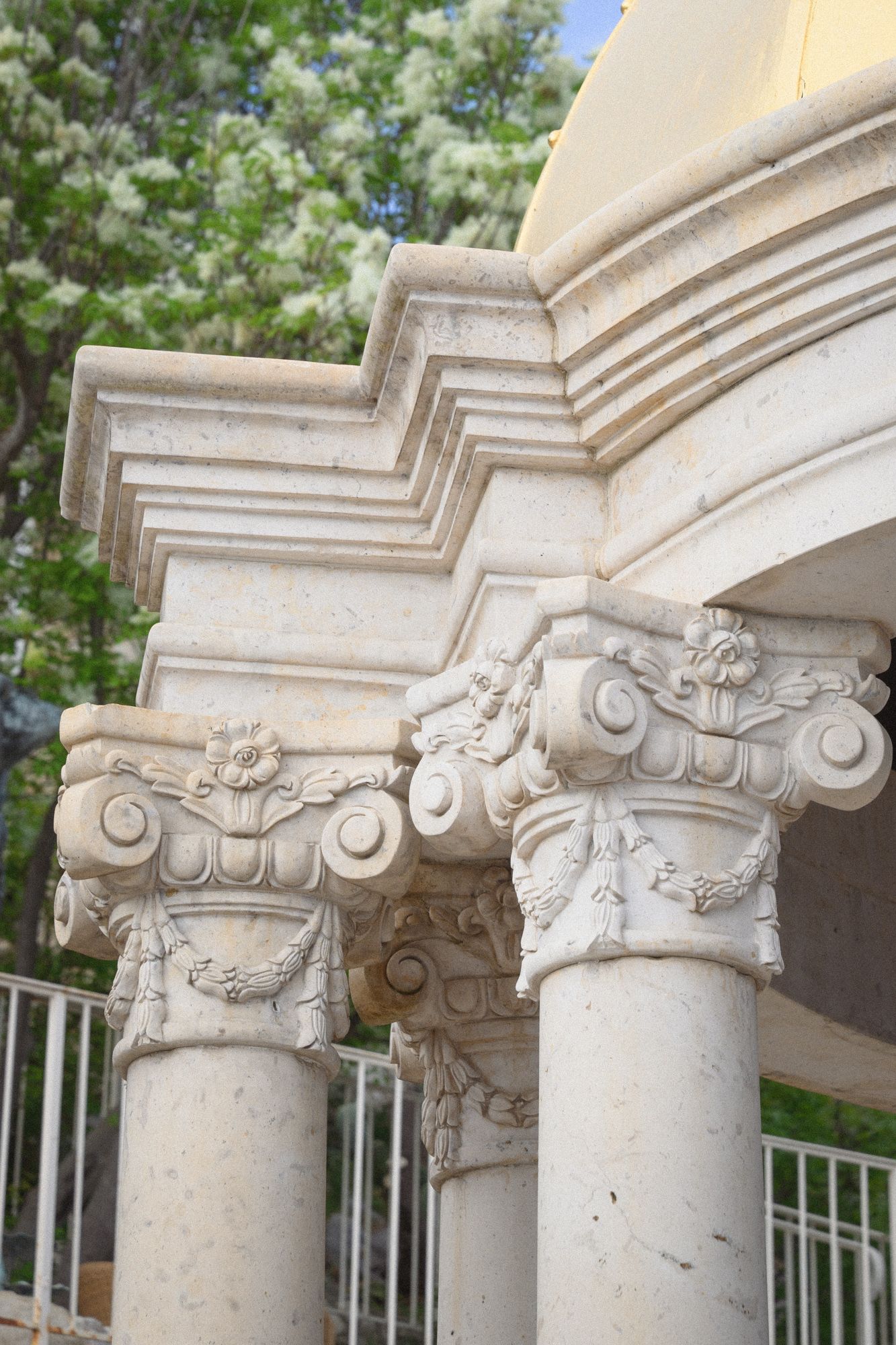 Stone carving detail of the Temple of Love structure at the Chevre d'Or Hotel in Eze.