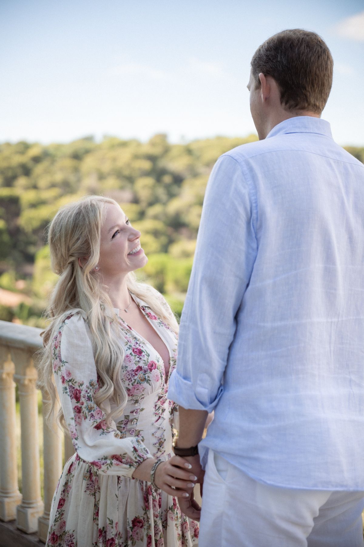 A couple during a photoshoot on the Florentine Terrace at the Rothschild's House.