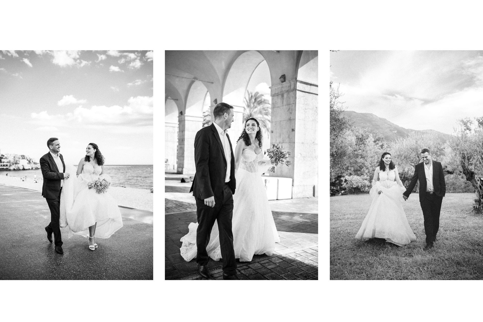 A wedding day photoshoot in Nice, France, in the old town and along the Promenade des Anglais.