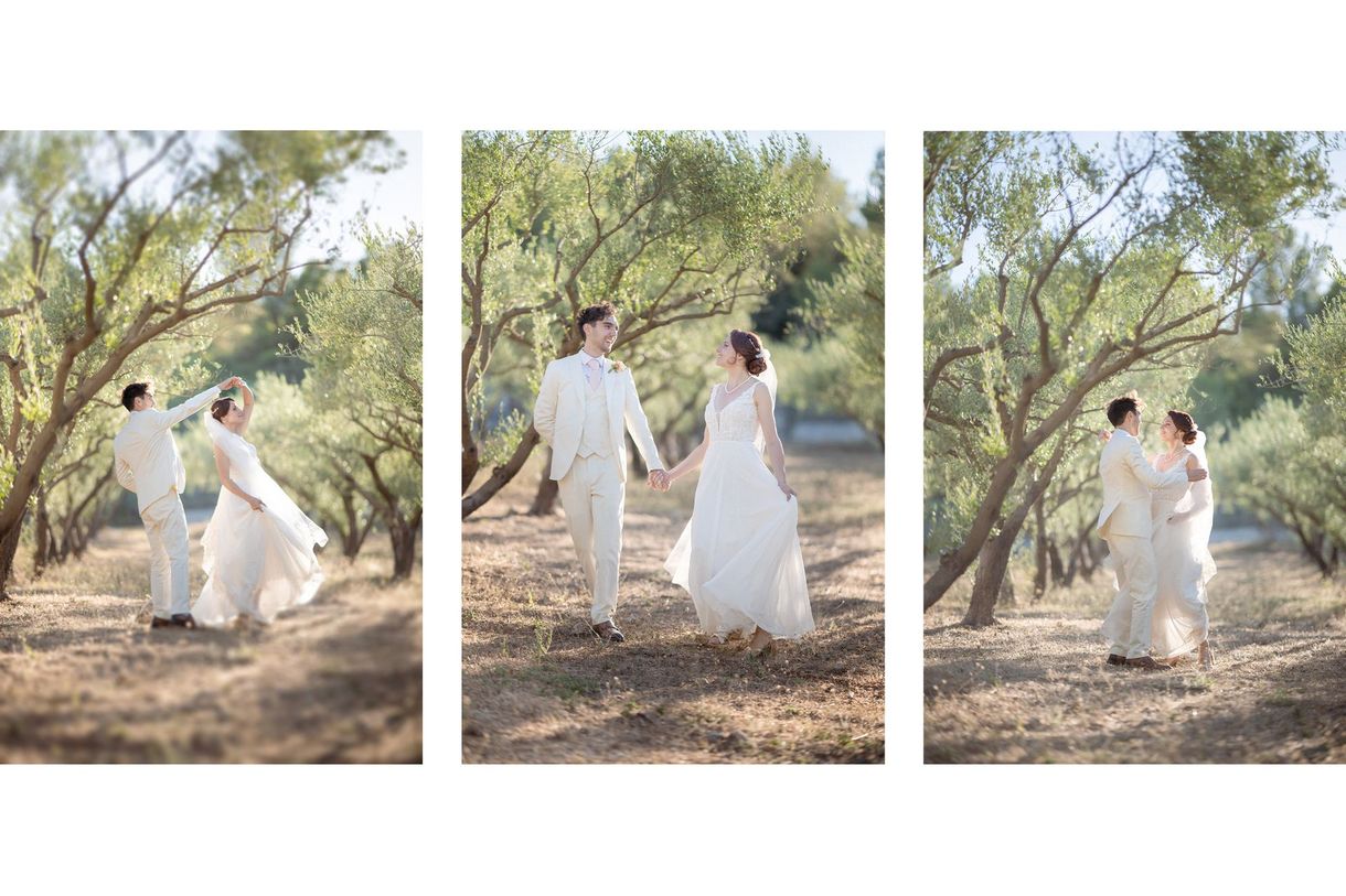 Natural, spontaneous wedding photography of a bride and groom laughing and dancing in an olive grove in Provence, South of France.