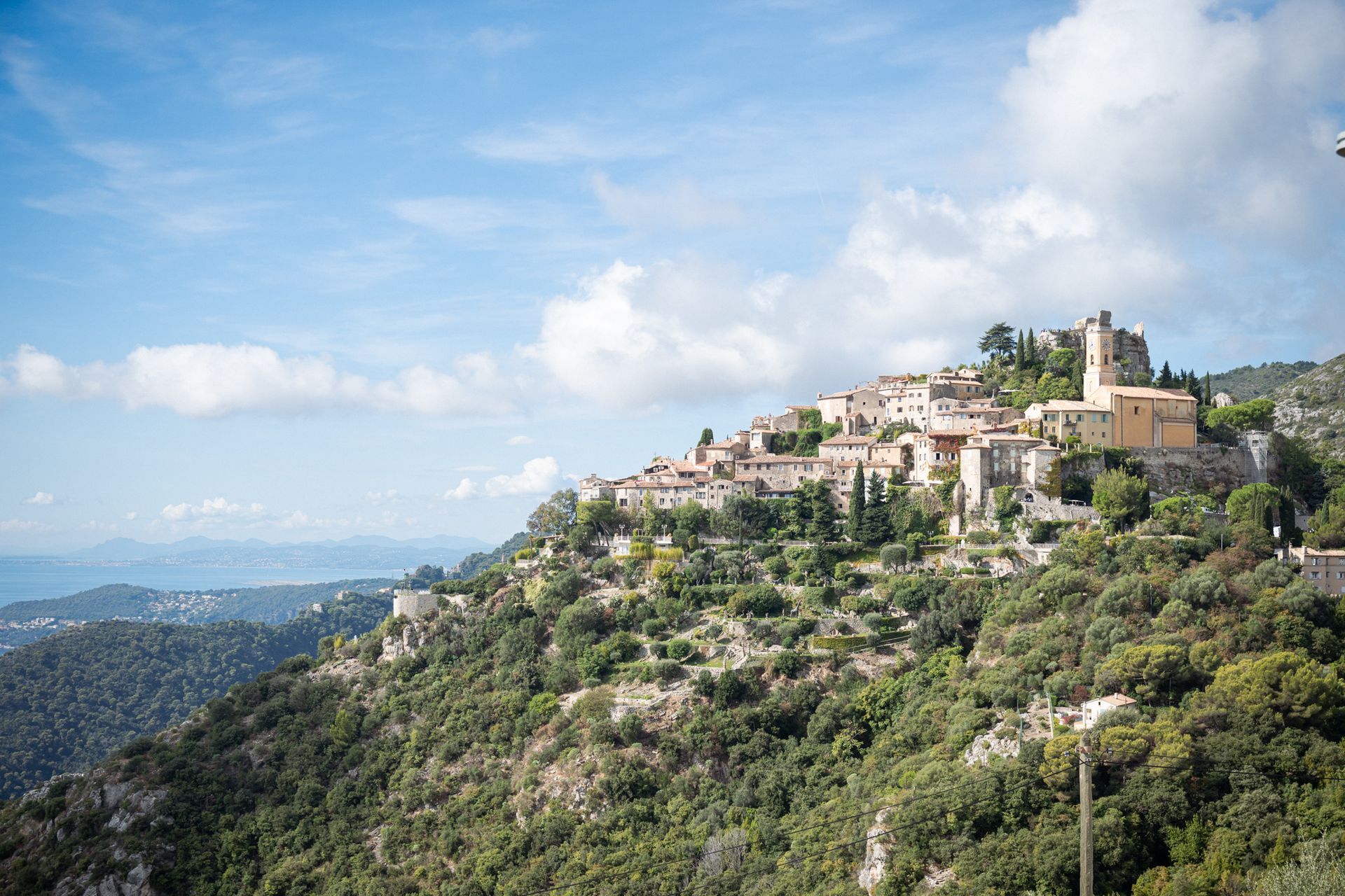 A wide angle image of Eze village  on the French Riviera with the Chevre d'Or Hotel visible