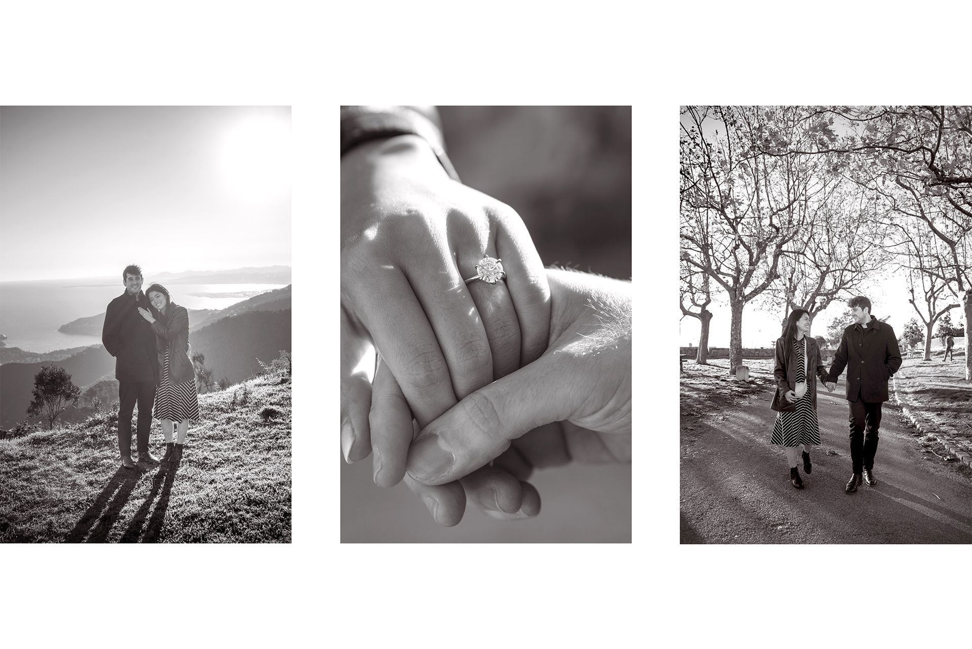 A monochrome montage of winter proposal photography on the French Riviera.
