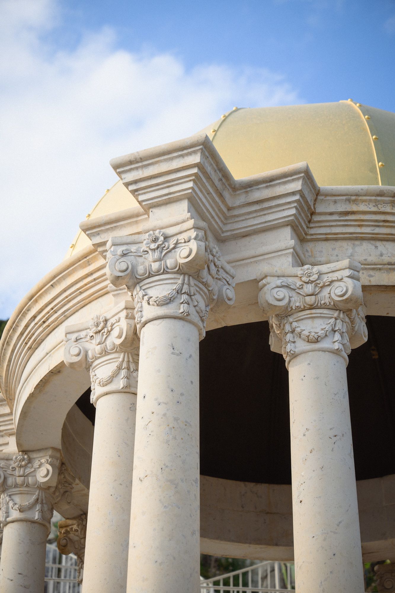 Stone carving detail of the Temple of Love structure at the Chevre d'Or Hotel in Eze.
