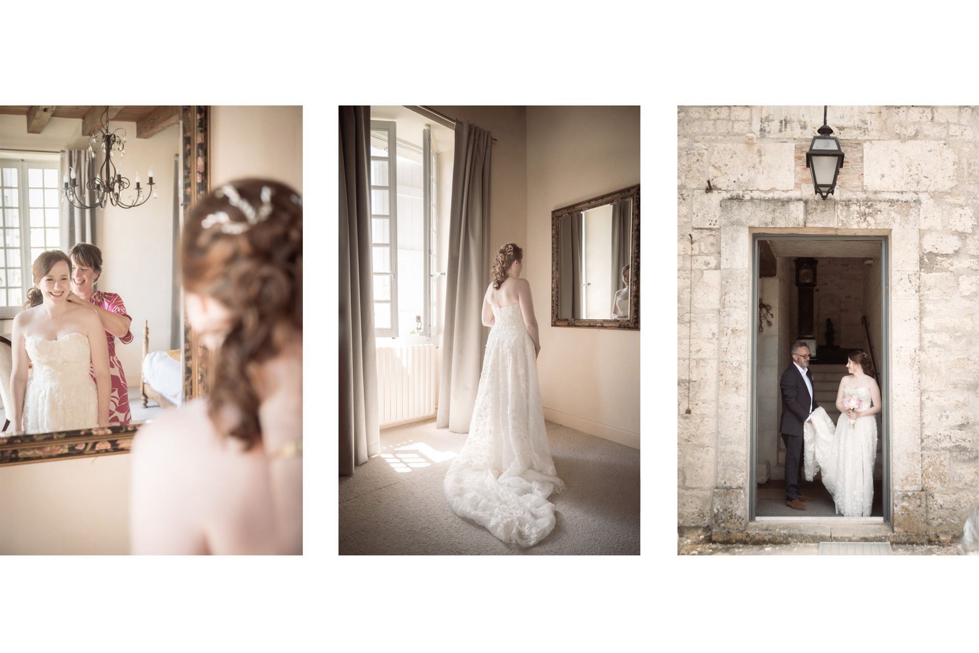 A bride getting ready for her wedding in a French chateau