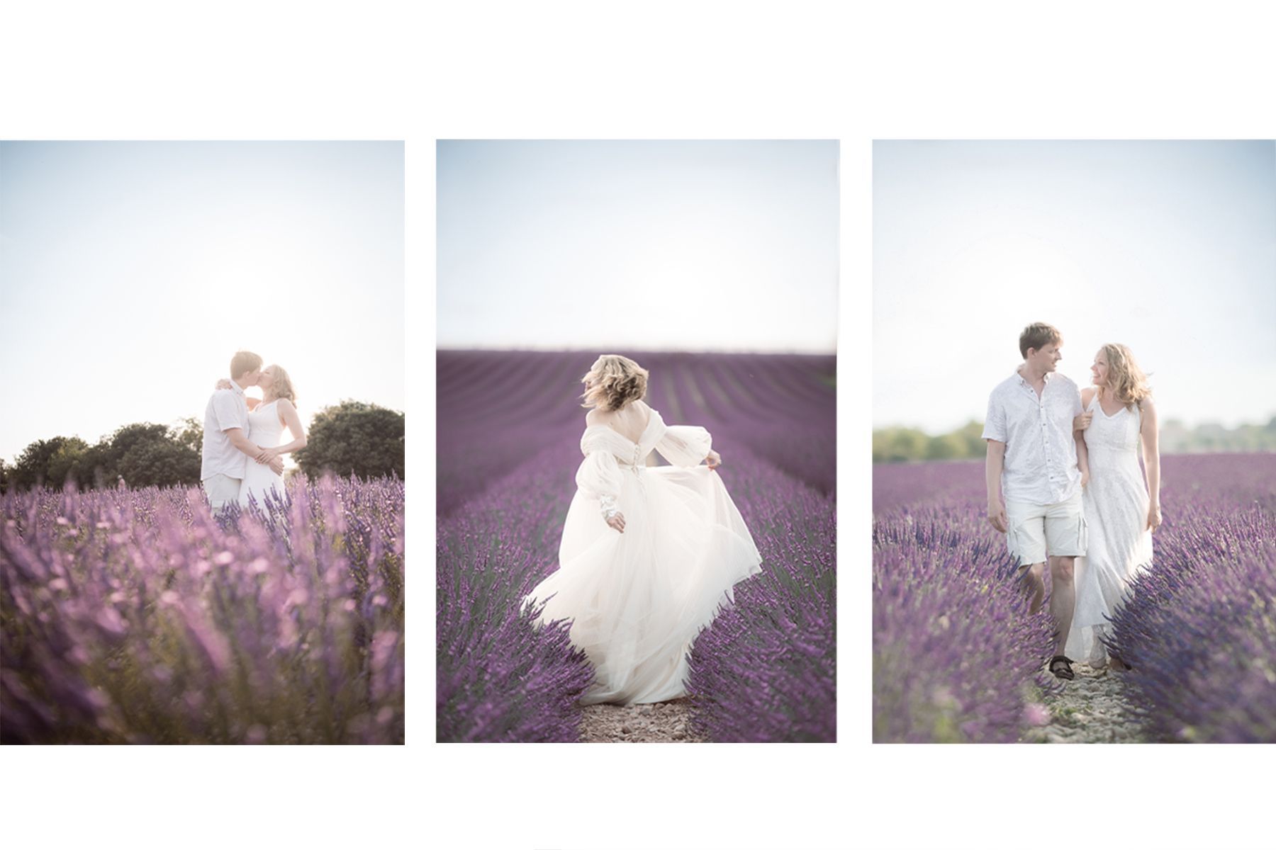 A romantic couple stroll through a famous lavender field in Valensole, Provence