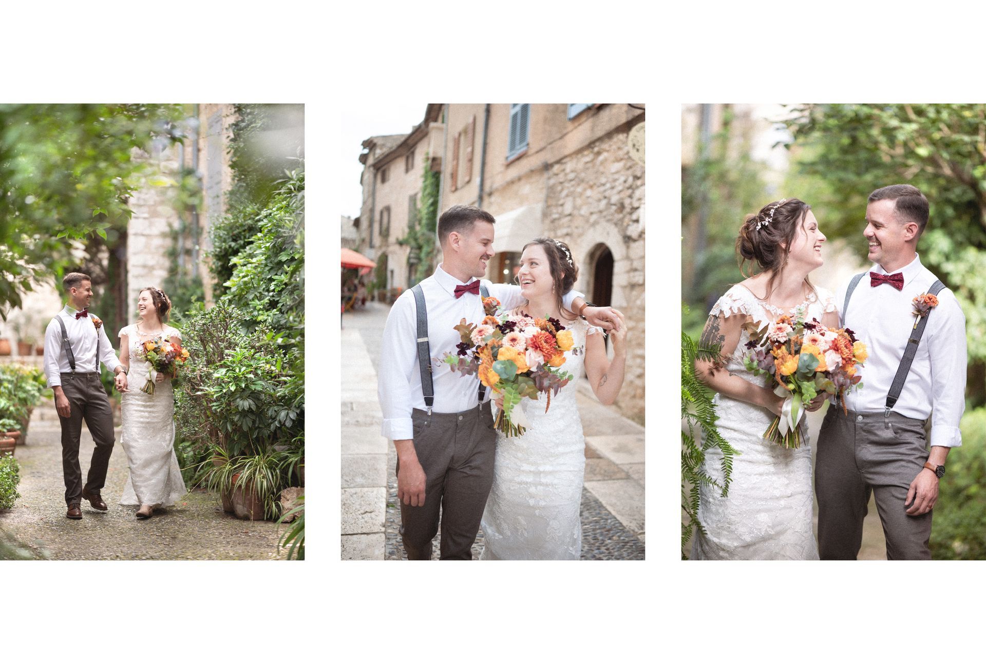 Photos de mariage d'un couple sur le vif dans les rues de St Paul de Vence