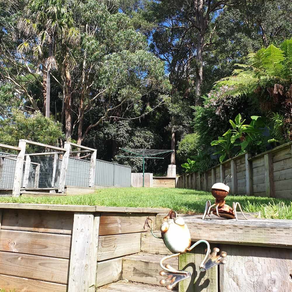 A Frog Statue Is Sitting On A Wooden Wall In A Yard — Local Pest Control Illawarra in Wollongong, NSW