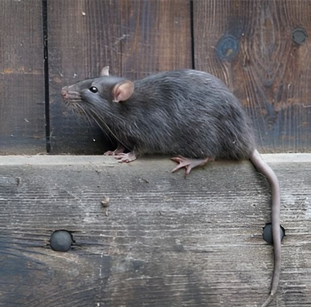A Gray Rat Is Sitting On A Wooden Surface — Local Pest Control Illawarra in Horsley, NSW