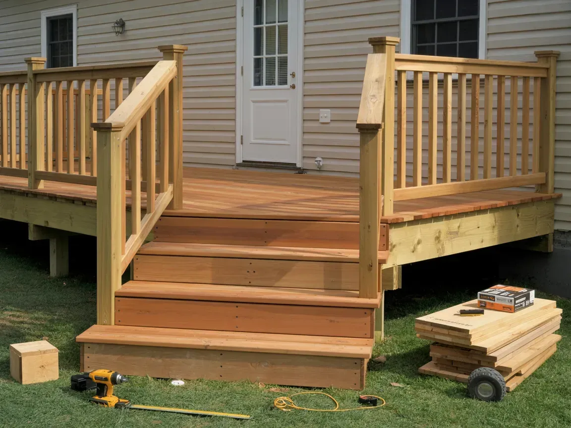 Wooden deck with steps leading to a back door of a house. Tools and materials are on the grass.