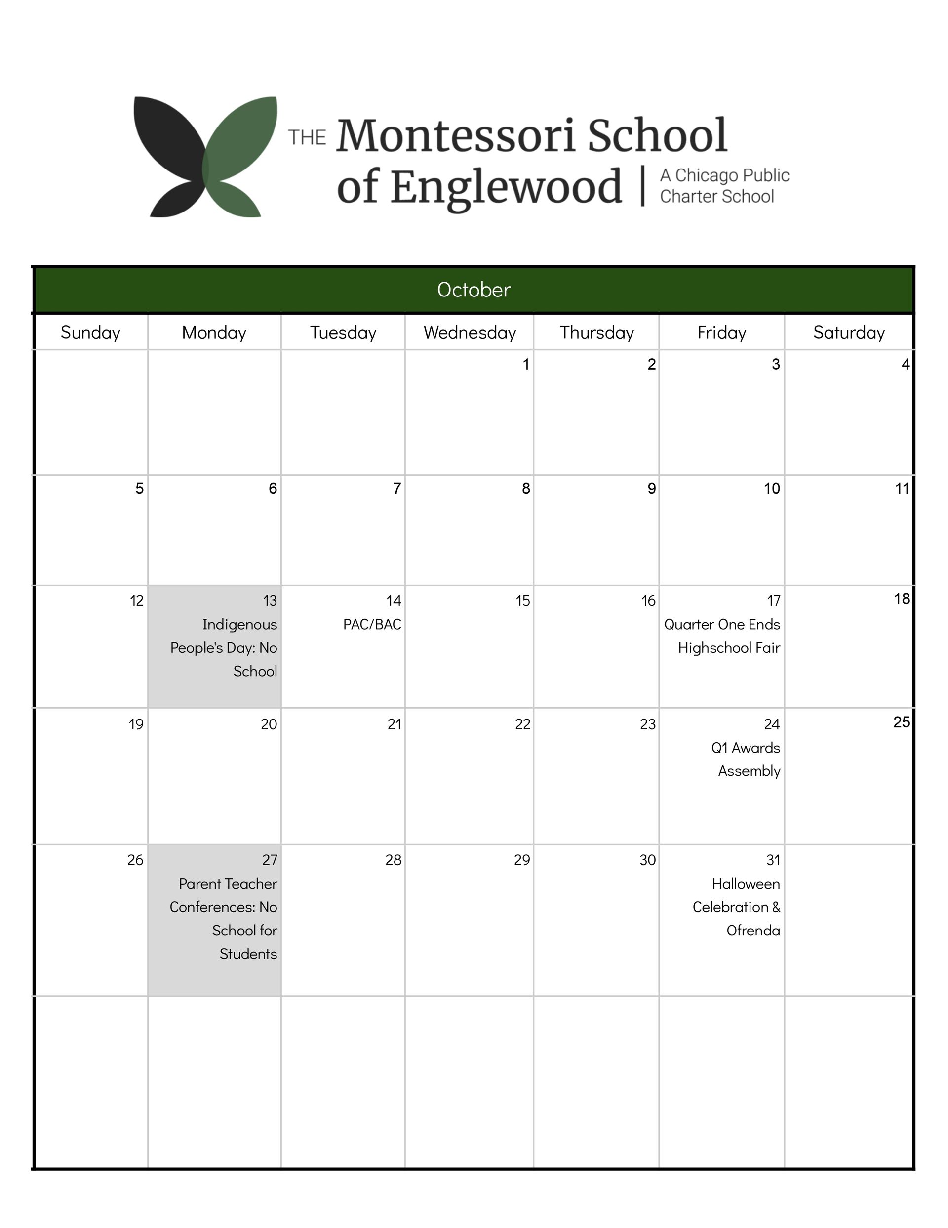 School Calendar October