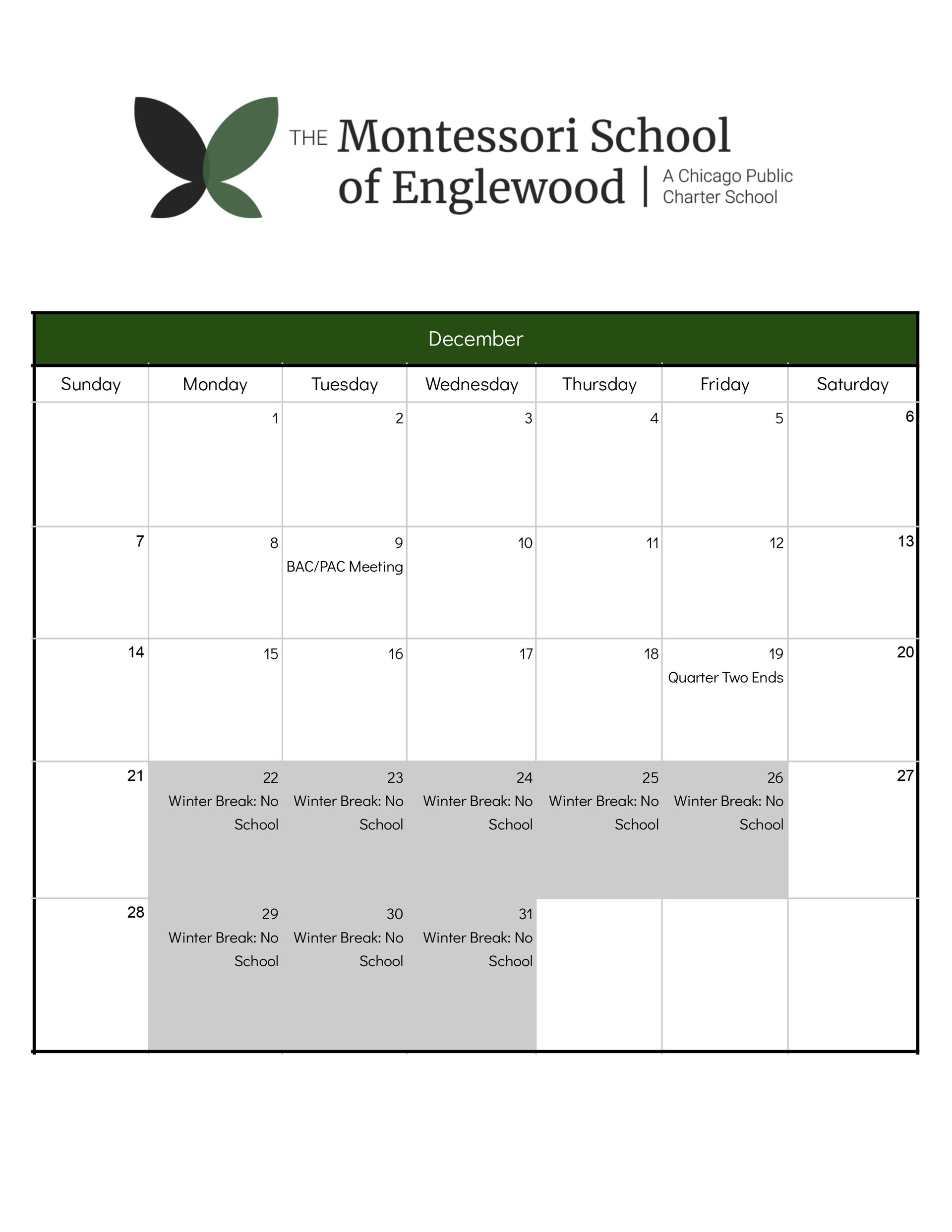 School Calendar December