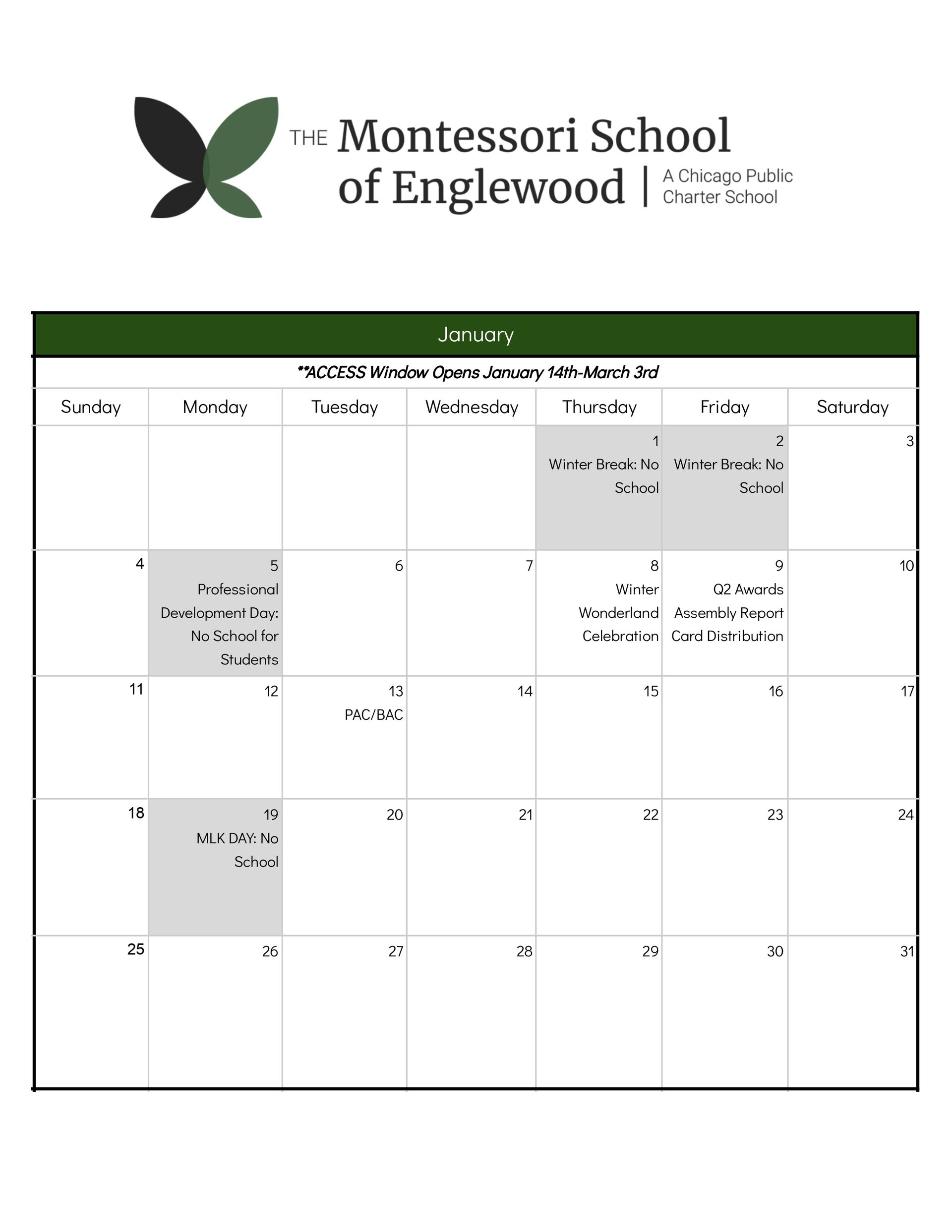 School Calendar January