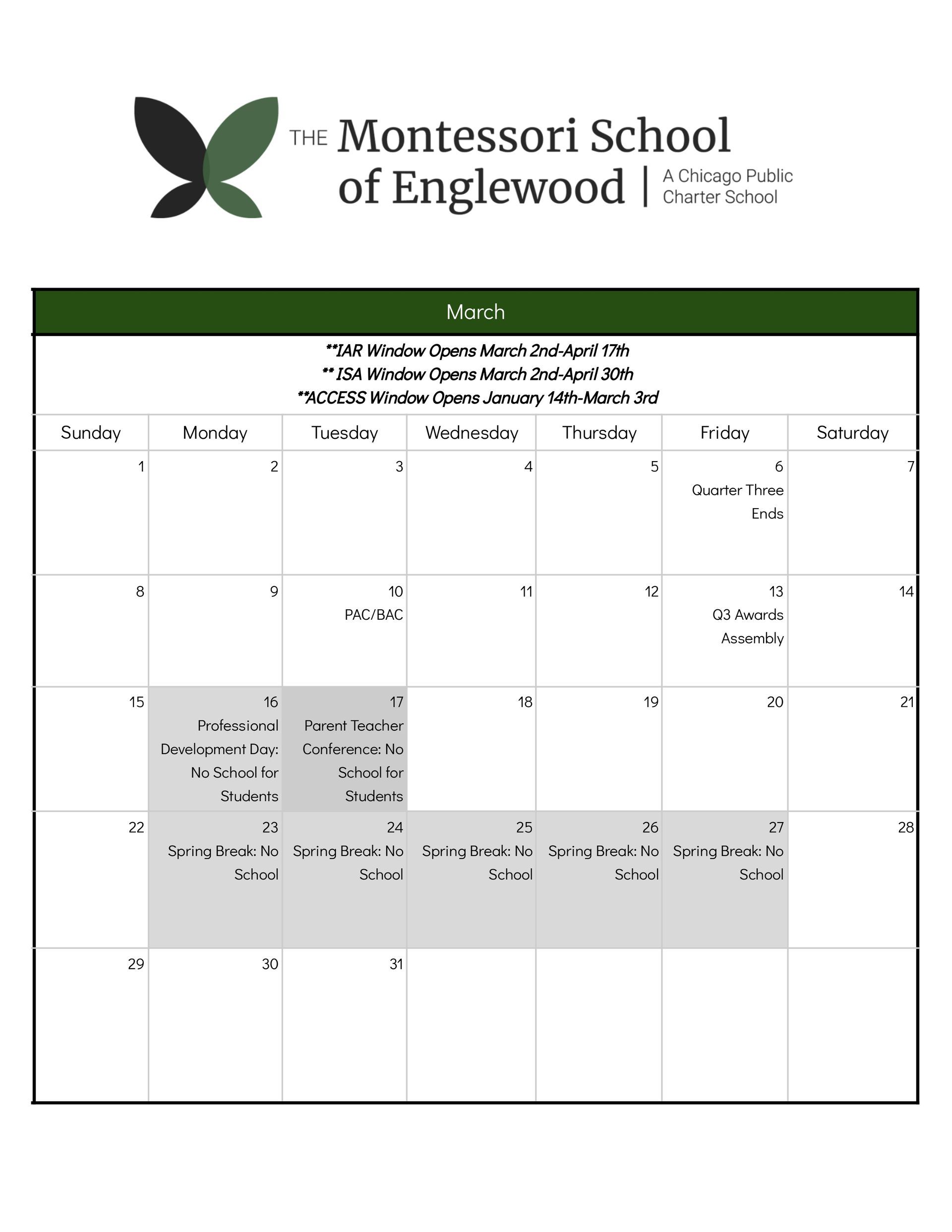 School Calendar March