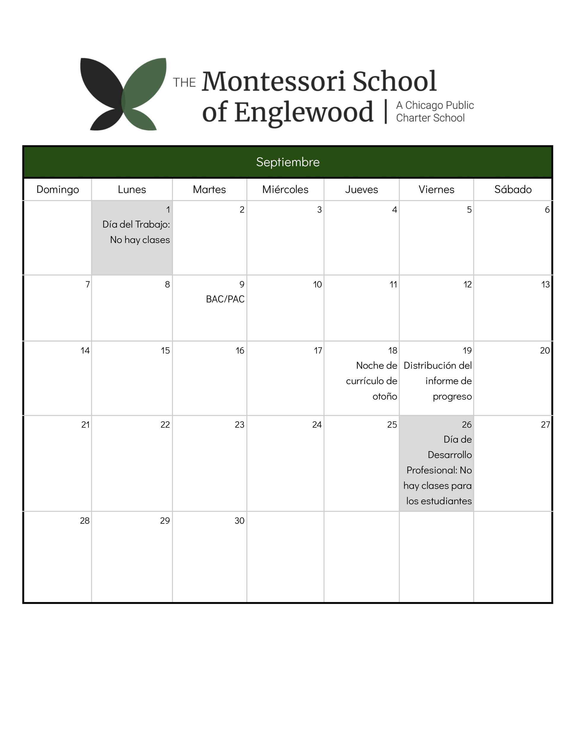 Calendario escolar septiembre