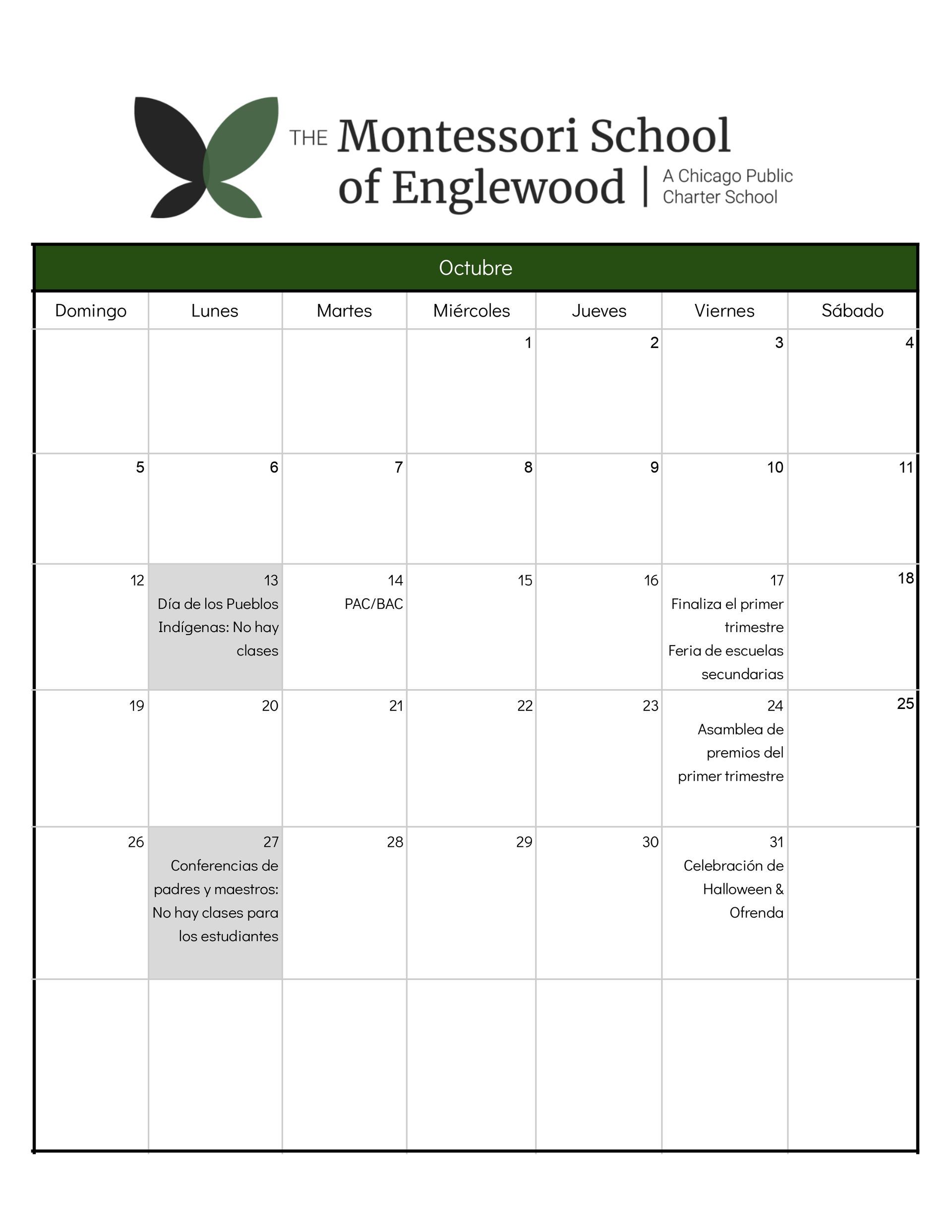 Calendario escolar Octubre