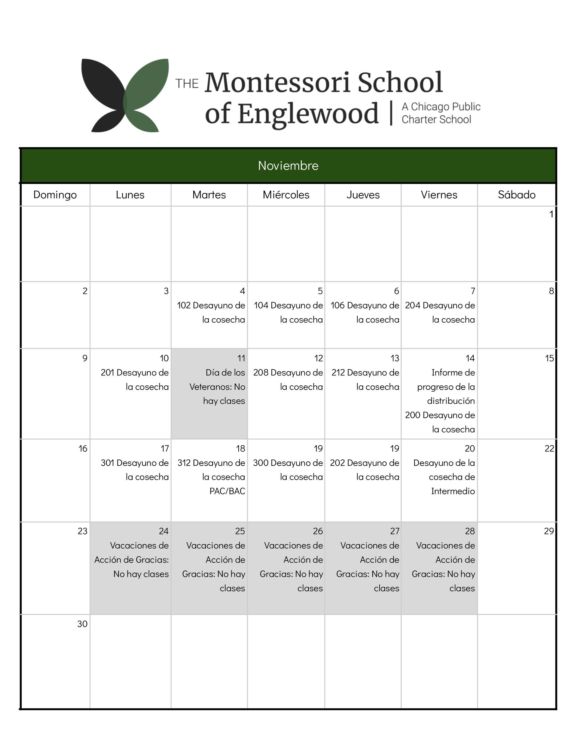 Calendario escolar Noviembre