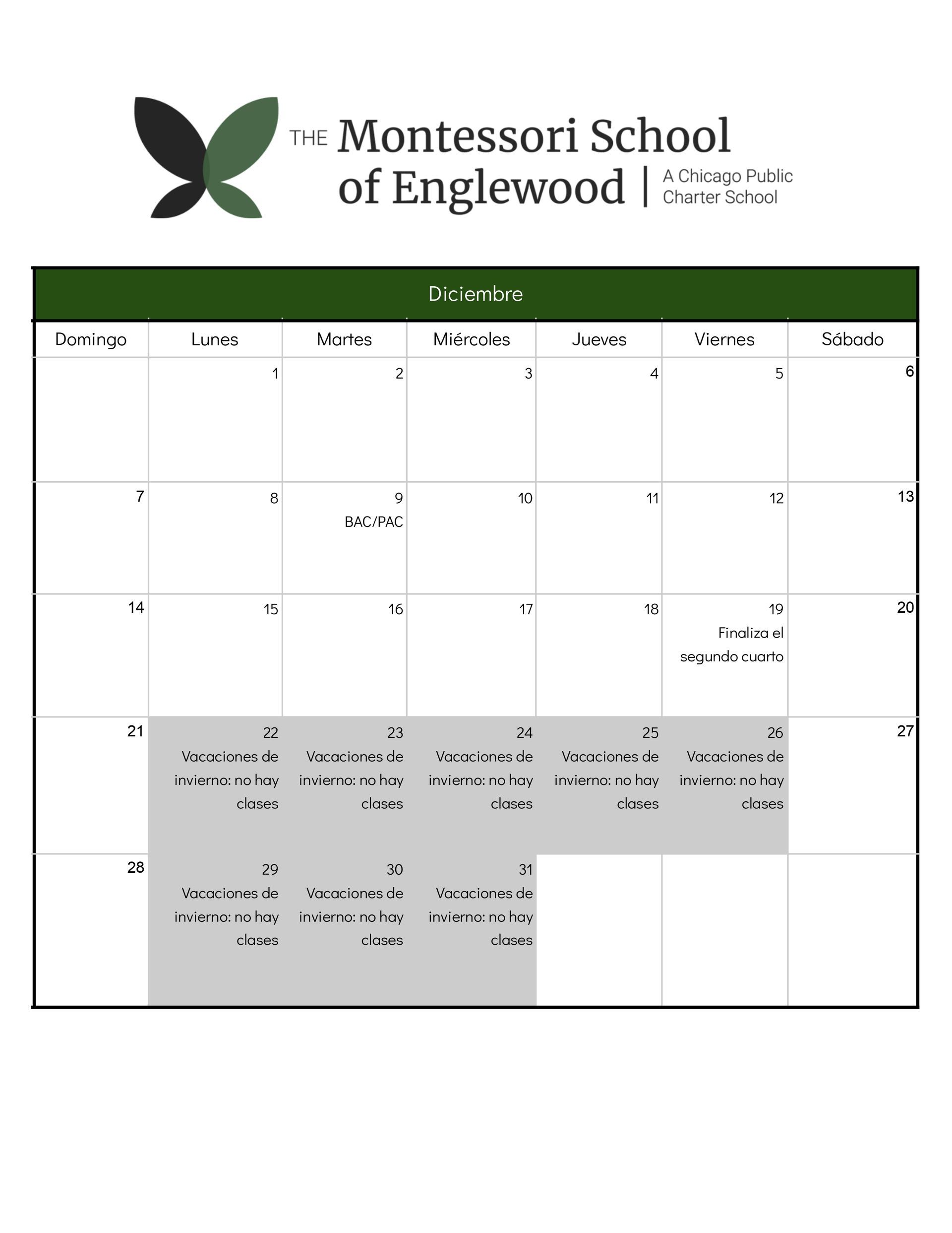 Calendario escolar Diciembre