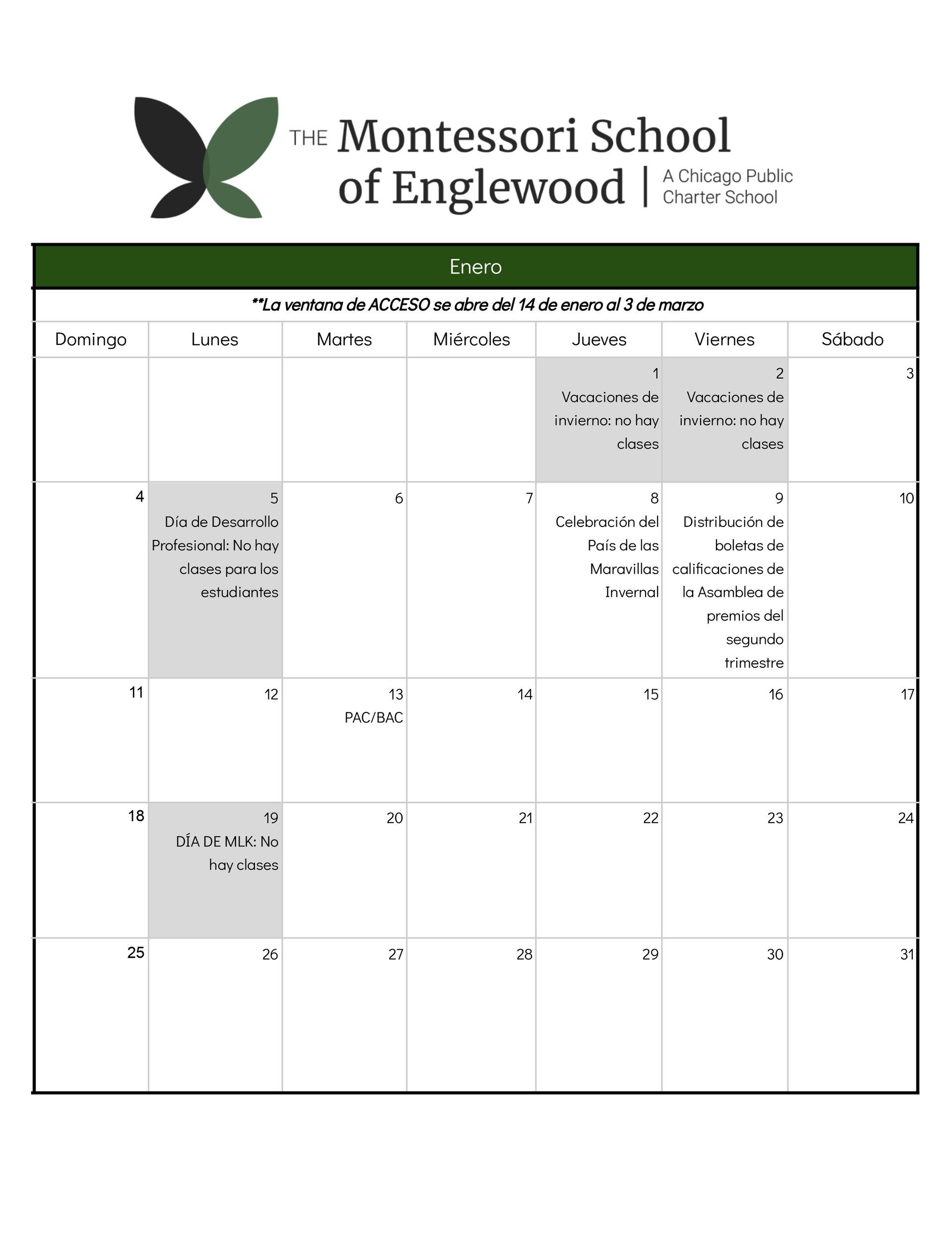 Calendario escolar enero