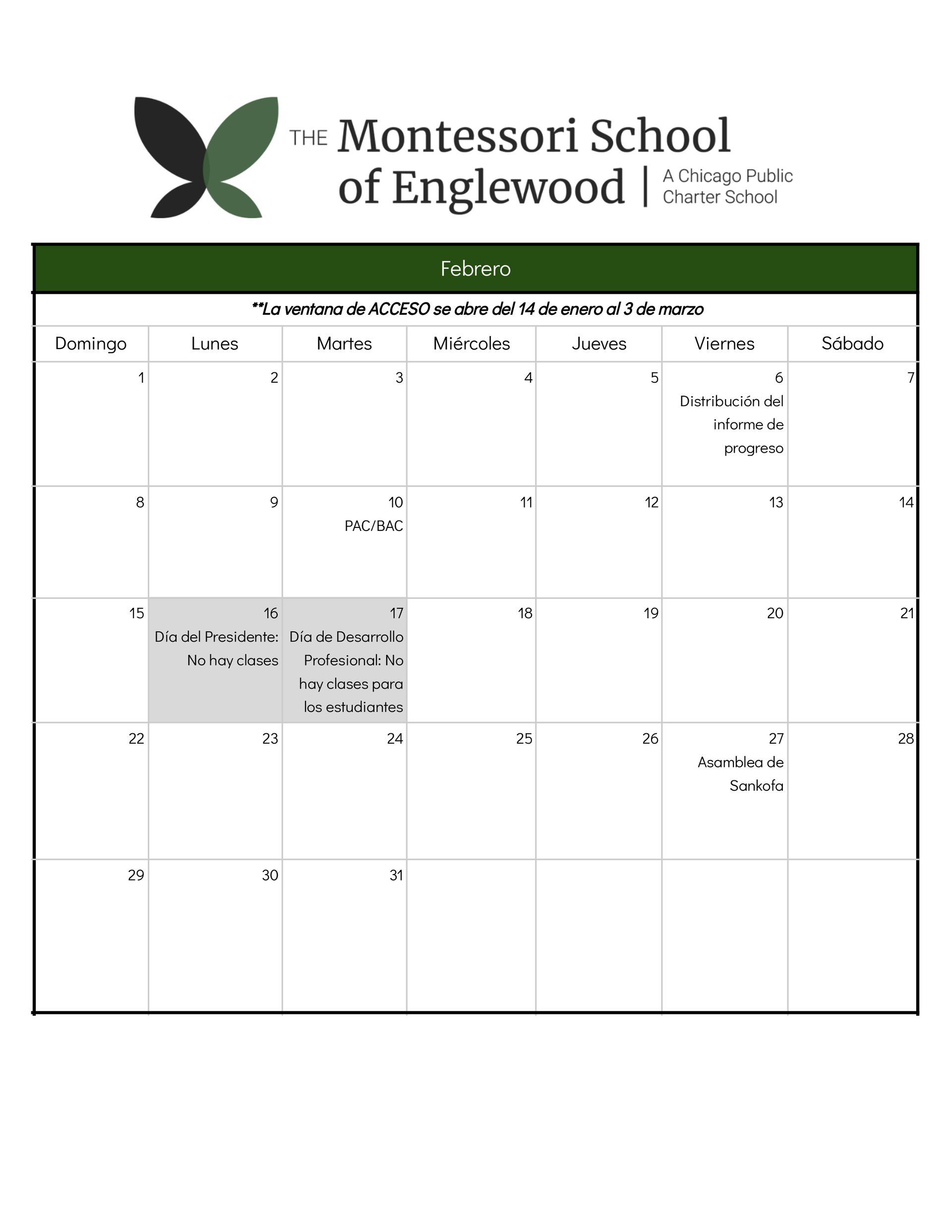 Calendario escolar febrero