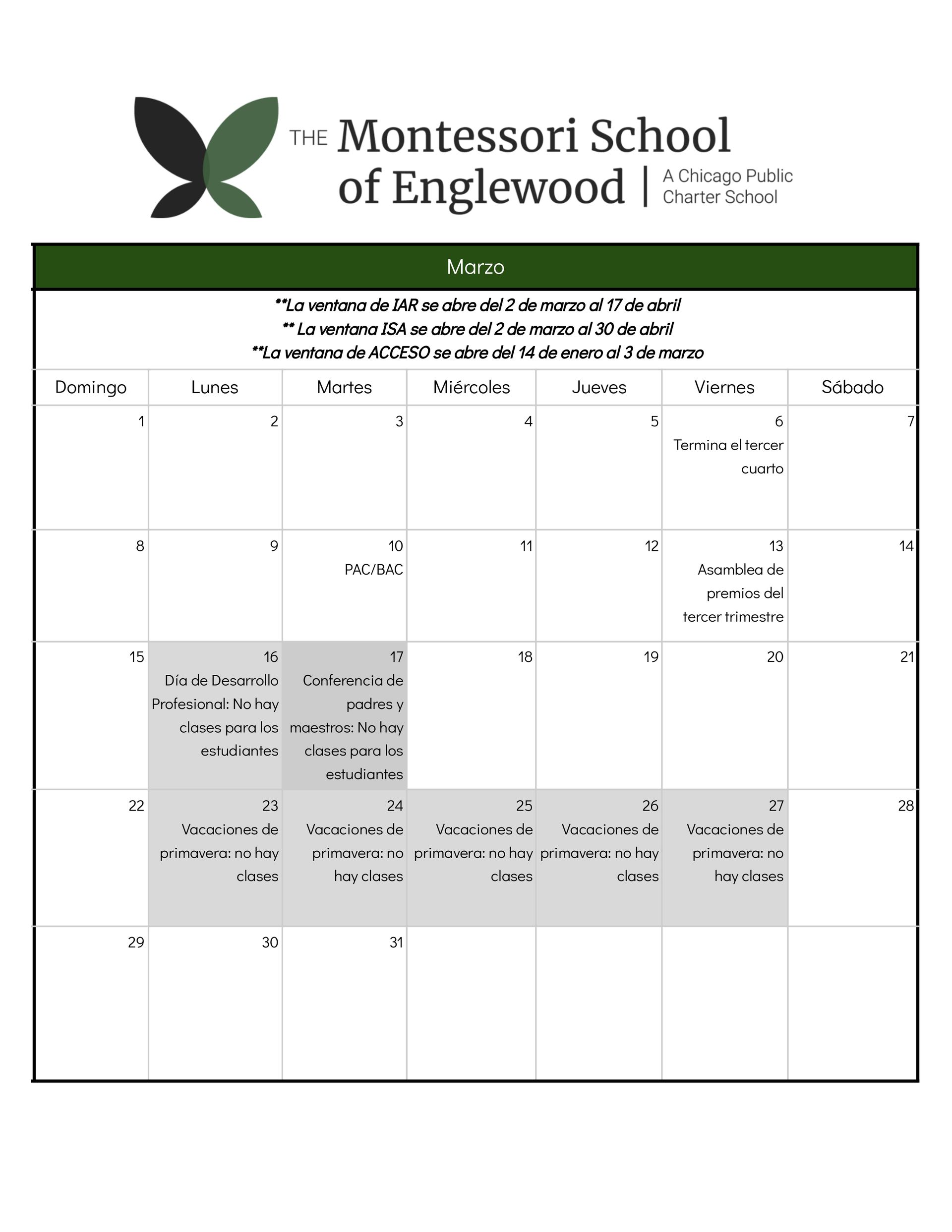 Calendario escolar marzo