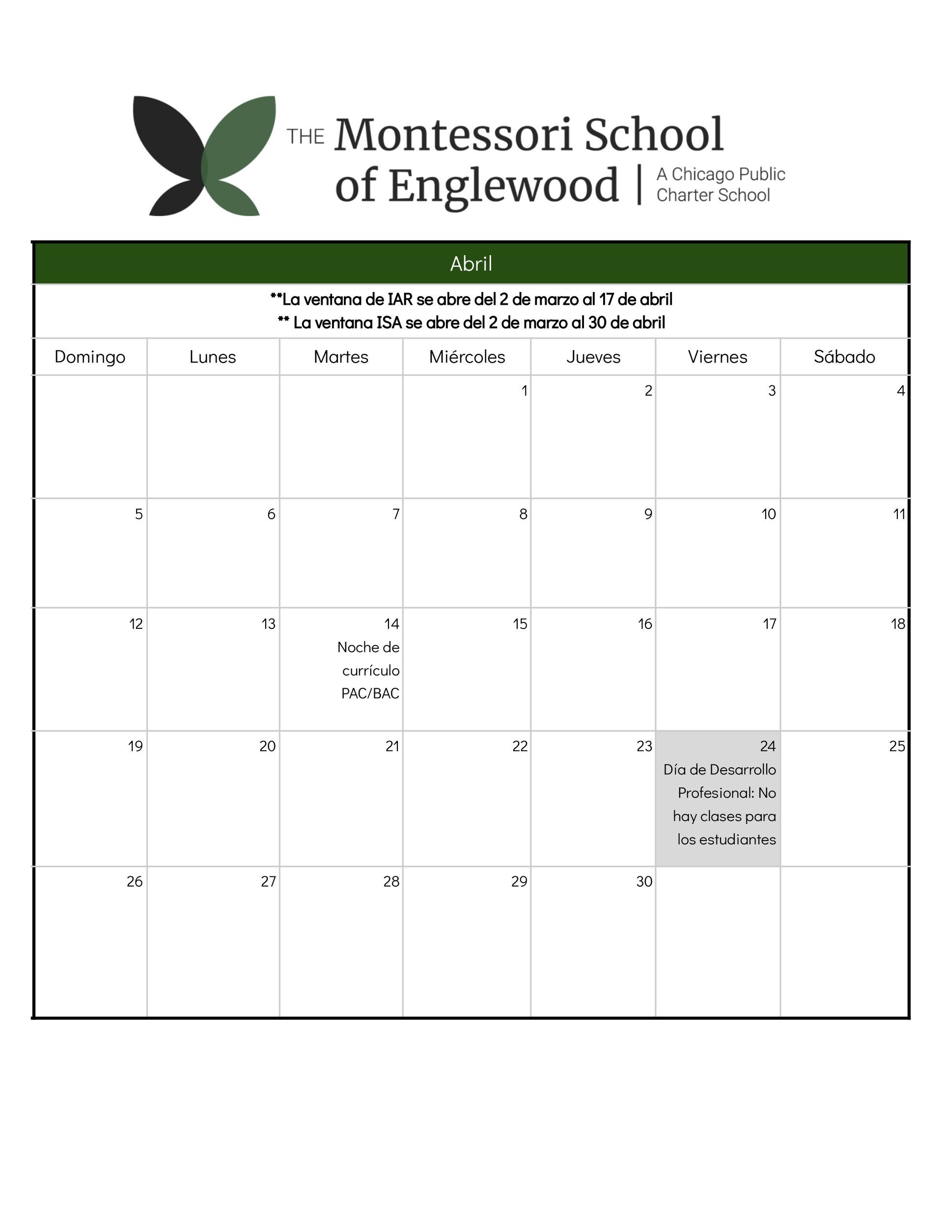 Calendario escolar abril