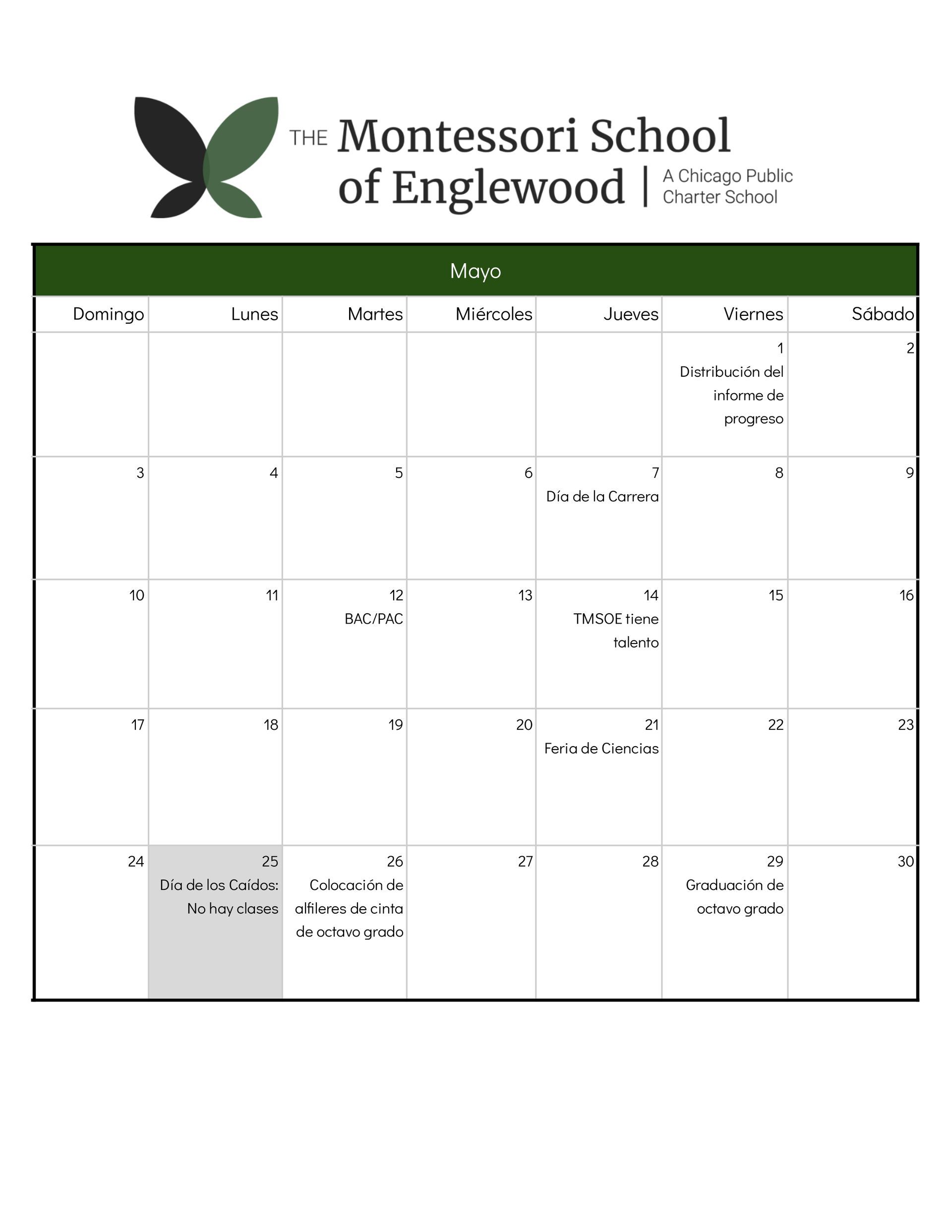 Calendario escolar mayo