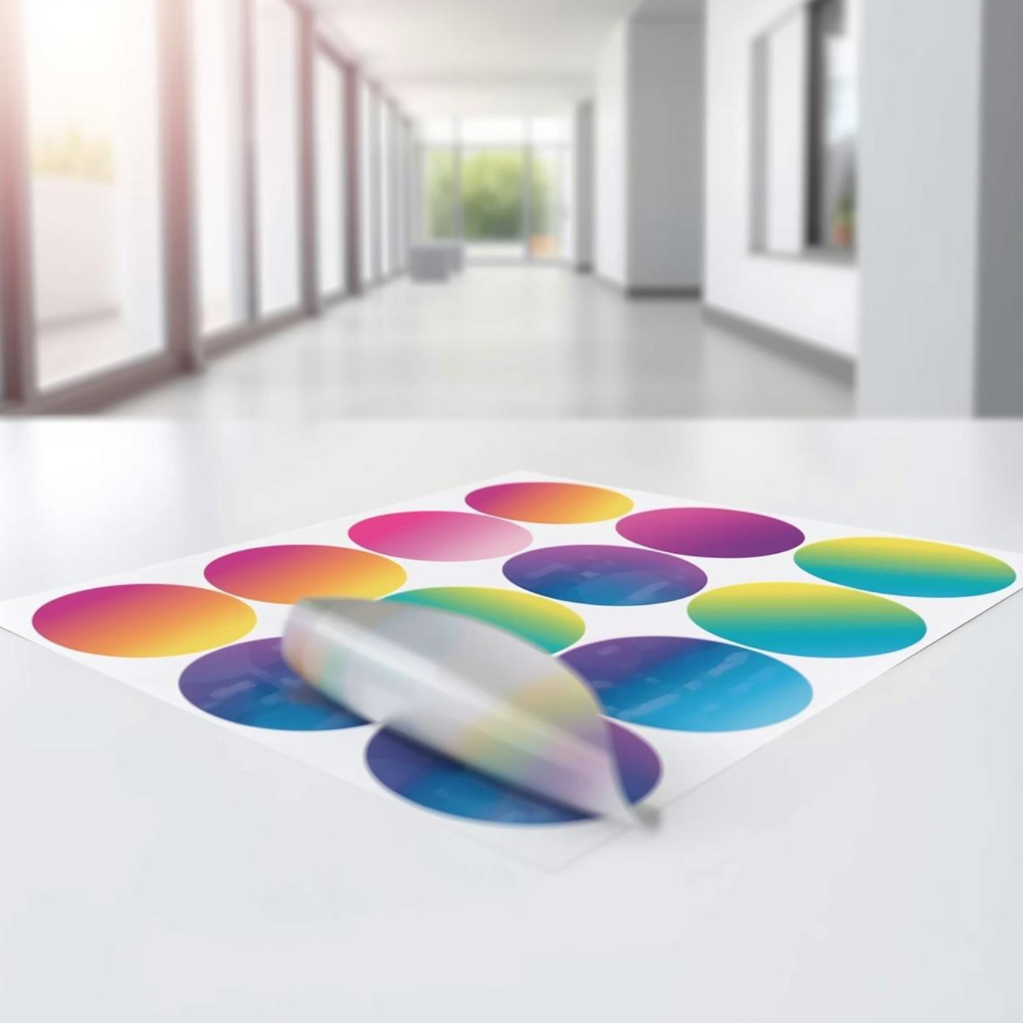 Adesivi colorati stampati per stand e vetrine del Salone del Mobile, posati su pavimento chiaro.