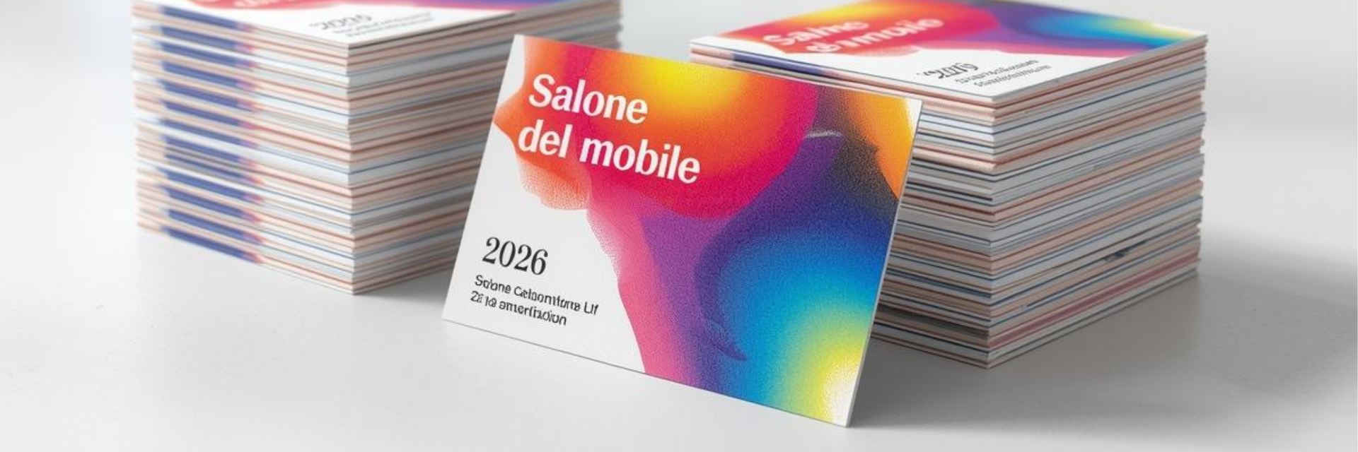 Biglietti da visita personalizzati per il Salone del Mobile, disposti su tavolo bianco in spazio moderno.