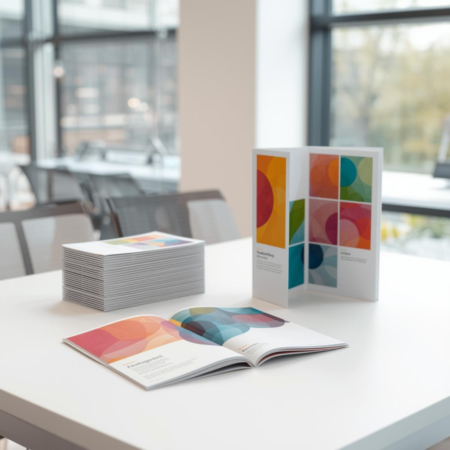 Brochure aperte e pieghevoli stampati con grafica moderna per stand del Salone del Mobile.