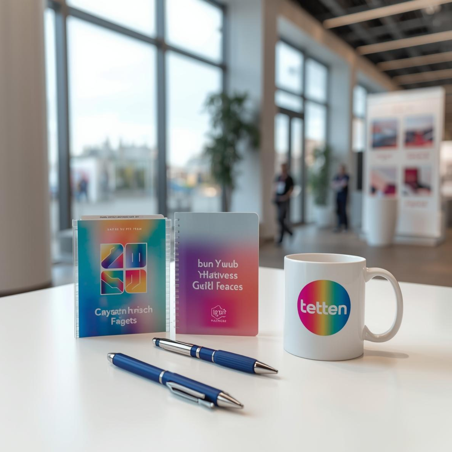 Gadget promozionali personalizzati per il Salone del Mobile: penne, taccuini e tazze brandizzate.