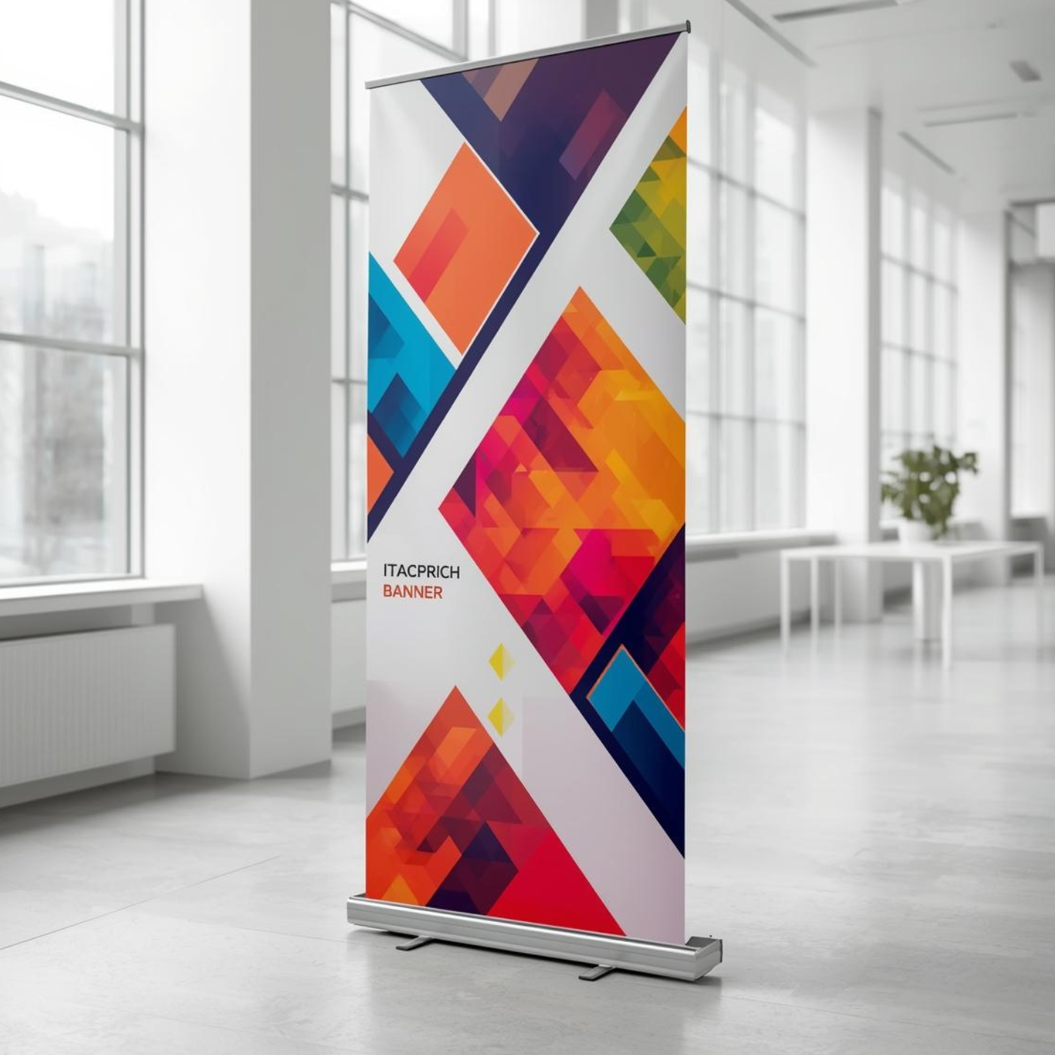 Espositore roll-up con grafica moderna e colori vivaci in spazio luminoso.