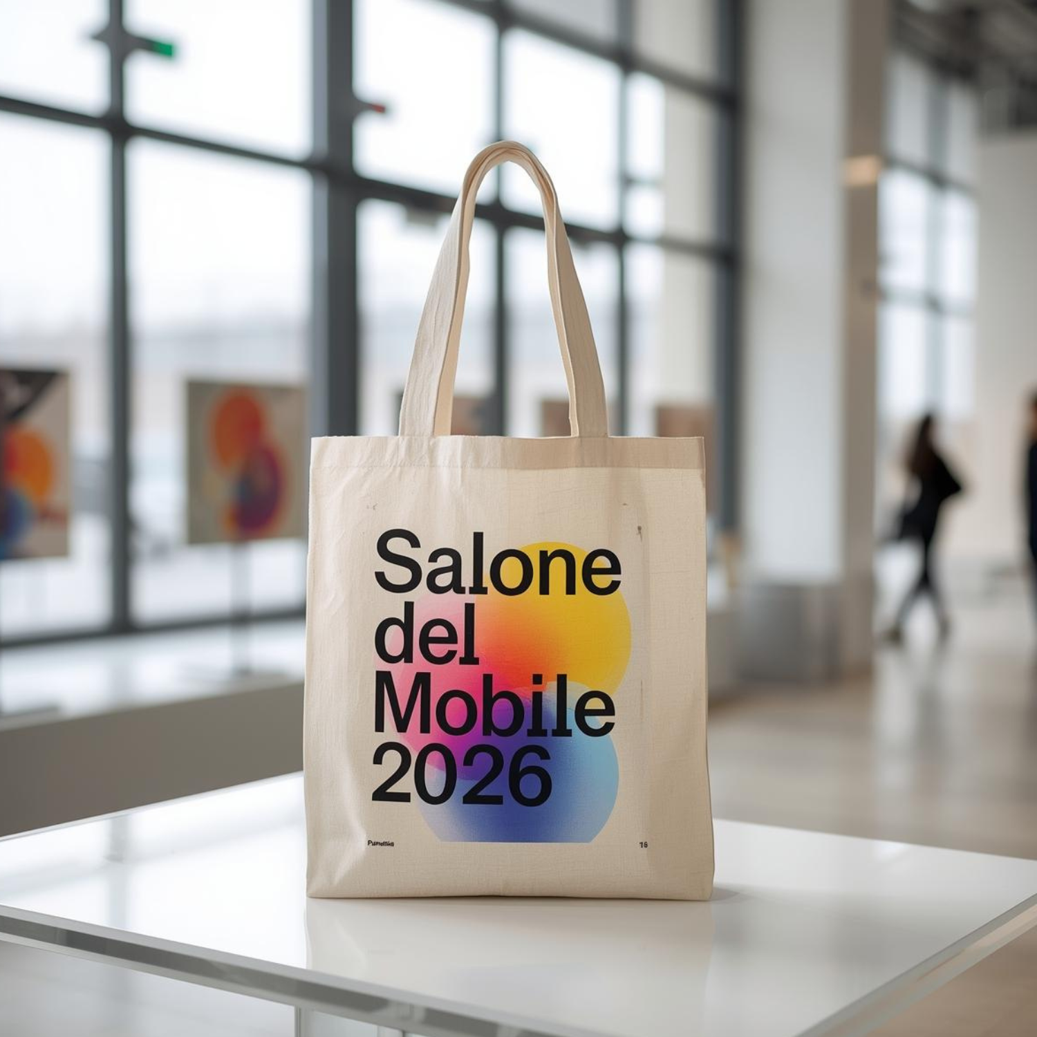 Shopper in cotone personalizzata con scritta “Salone del Mobile 2026” in ambiente fieristico.