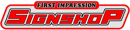 red and white first impression signshop logo | custom banners 