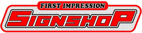 red and white first impression signshop logo | custom banners 