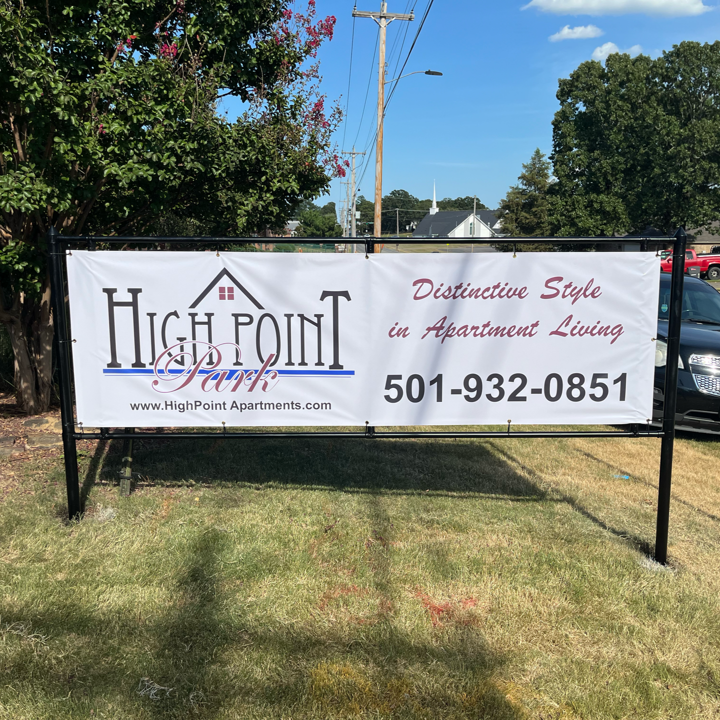 Sign for High Point Apartments, showing contact info | custom banners