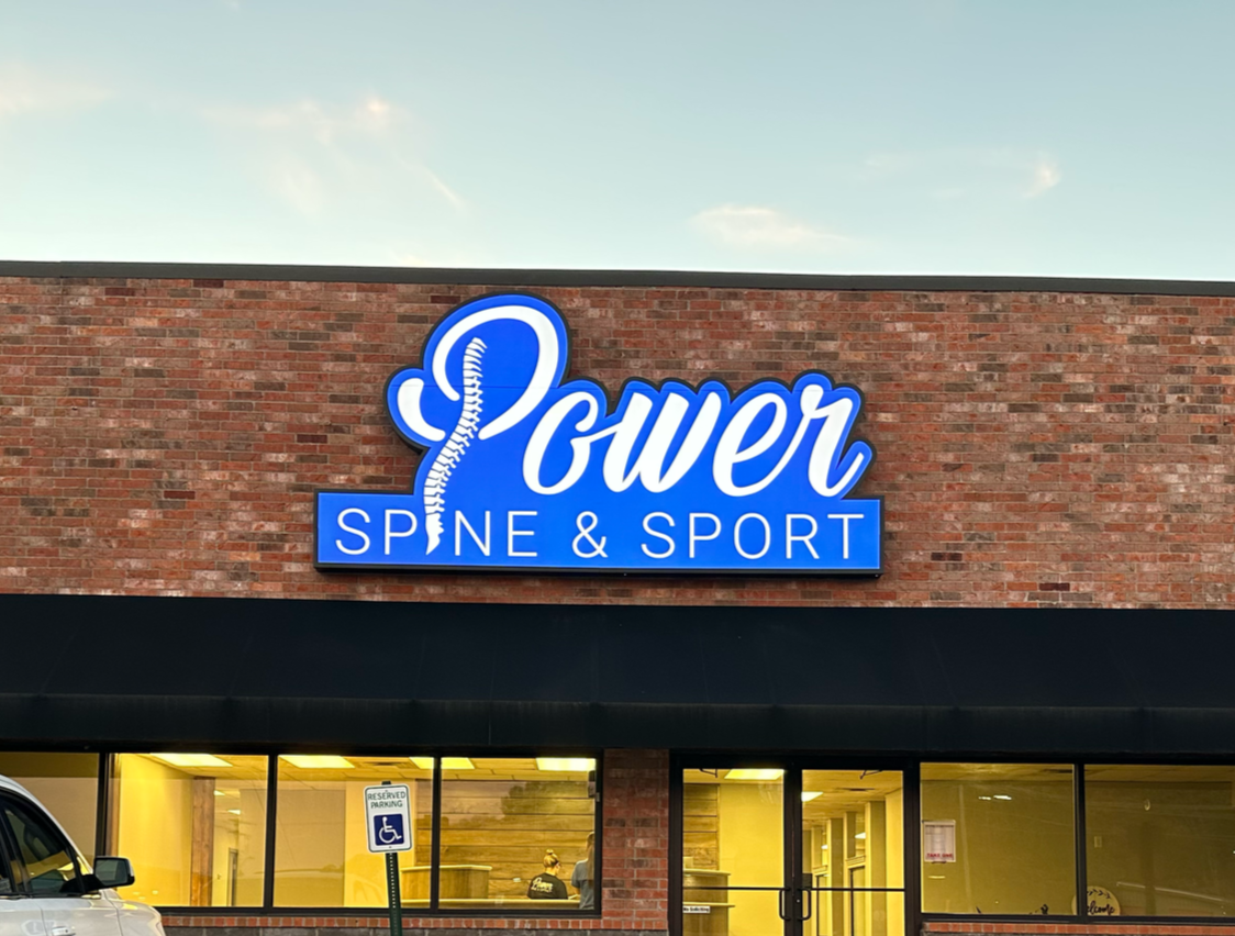 Power Spine & Sport storefront sign | custom led logo sign arkansas