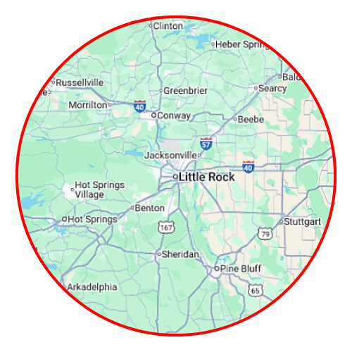 Map of central Arkansas, with major cities like Little Rock, Conway, and Hot Springs within a red circle | service areas