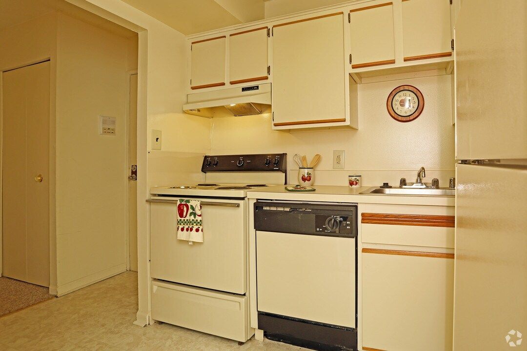 A kitchen with a stove , dishwasher , refrigerator and cabinets.
